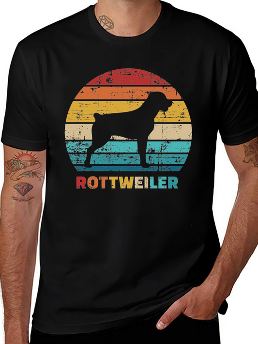 Vintage Rottweiler Sunset Graphic Tee - Black Cotton Blend