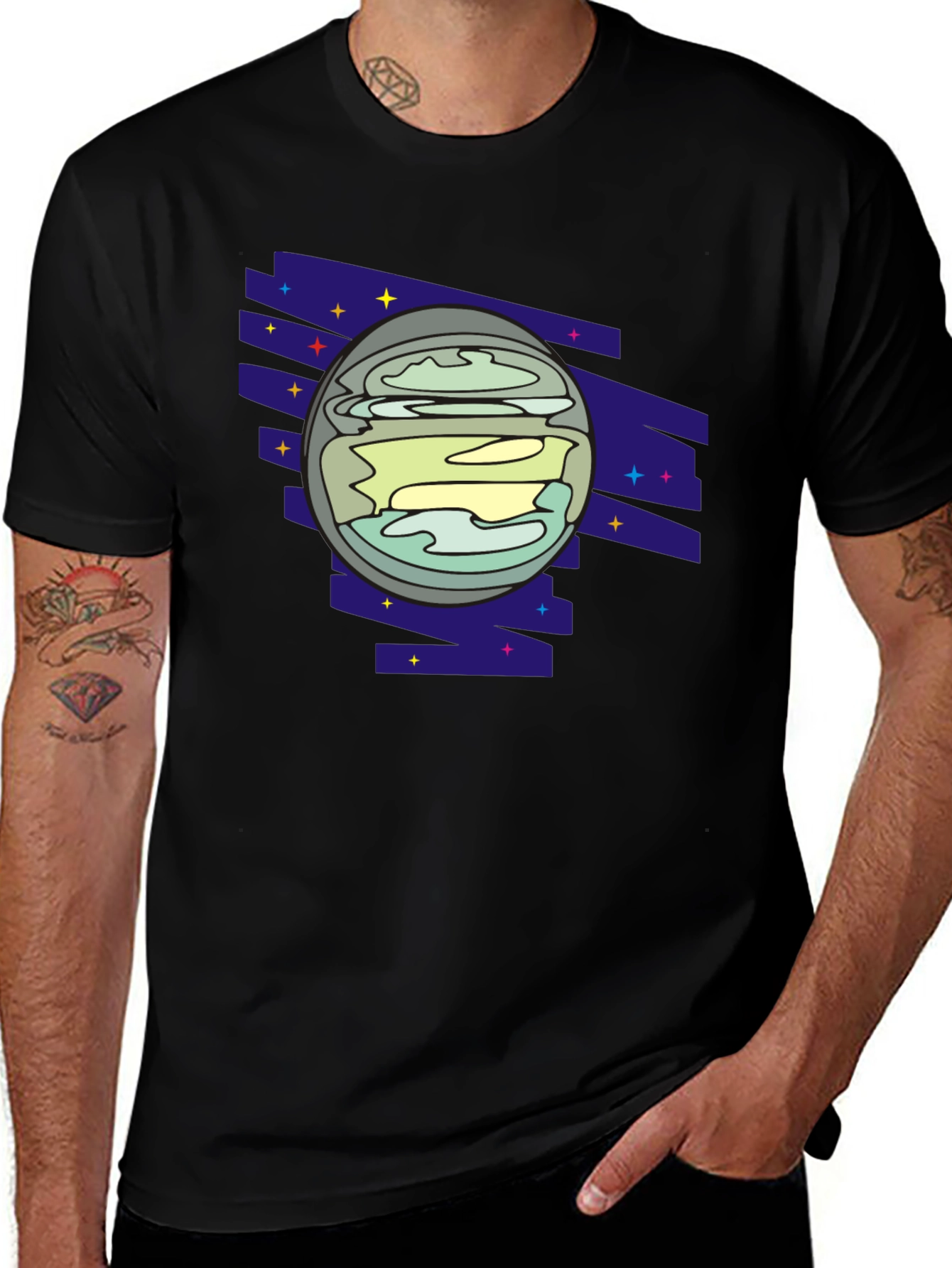 Retro Planet Graphic Tee - Black Casual Shirt