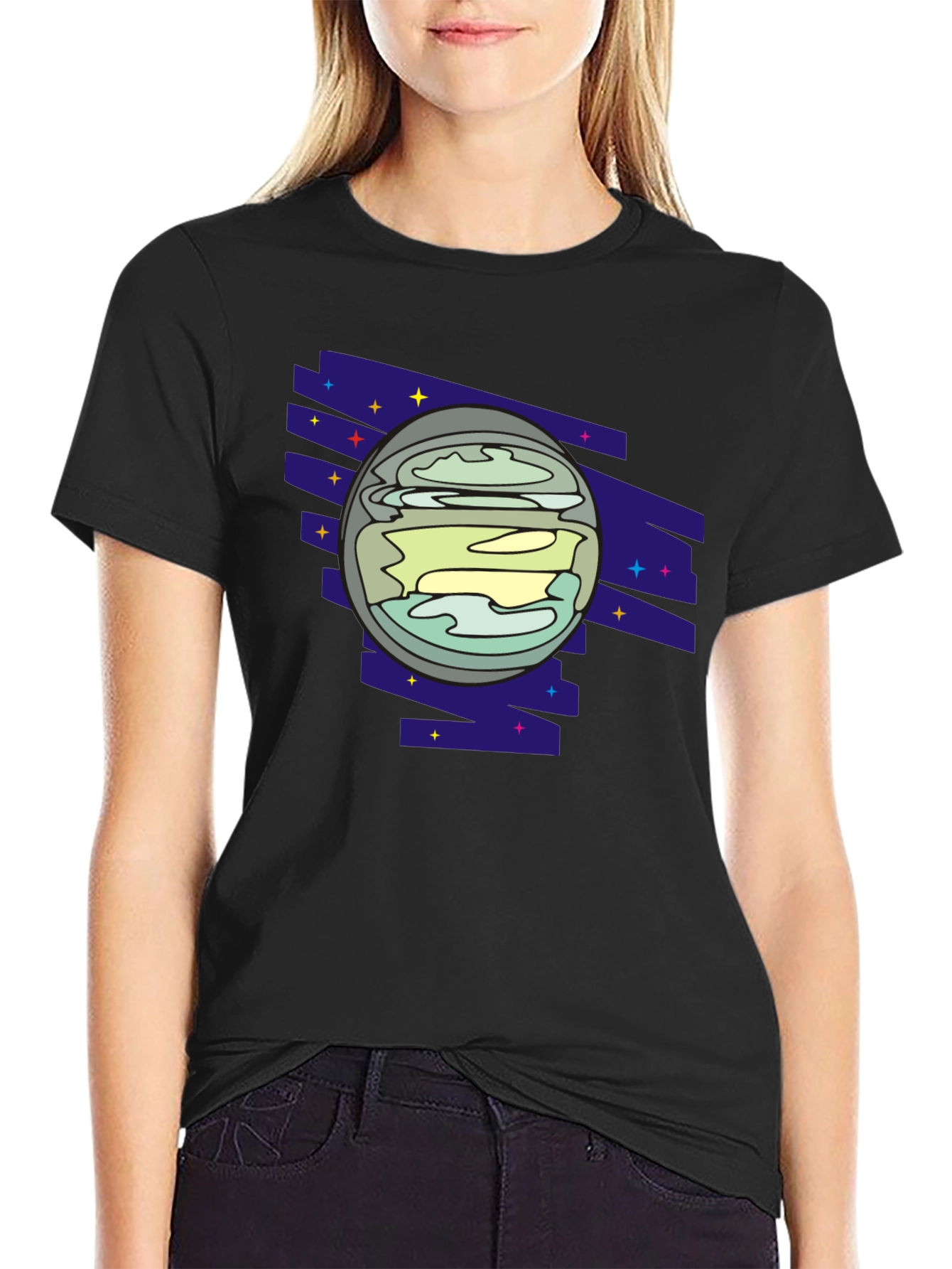 Retro Planet Graphic Tee - Black Casual Shirt