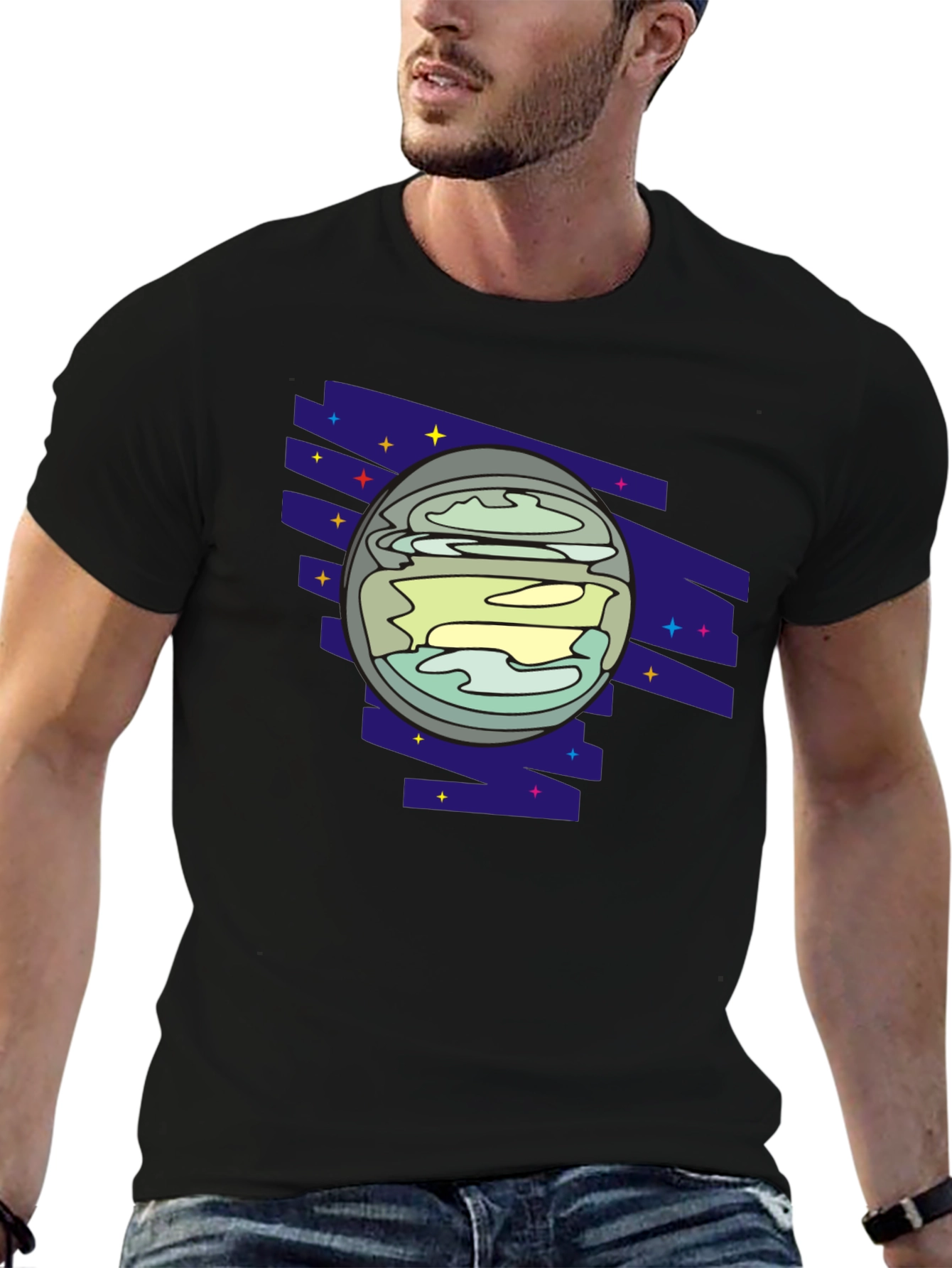 Retro Planet Graphic Tee - Black Casual Shirt