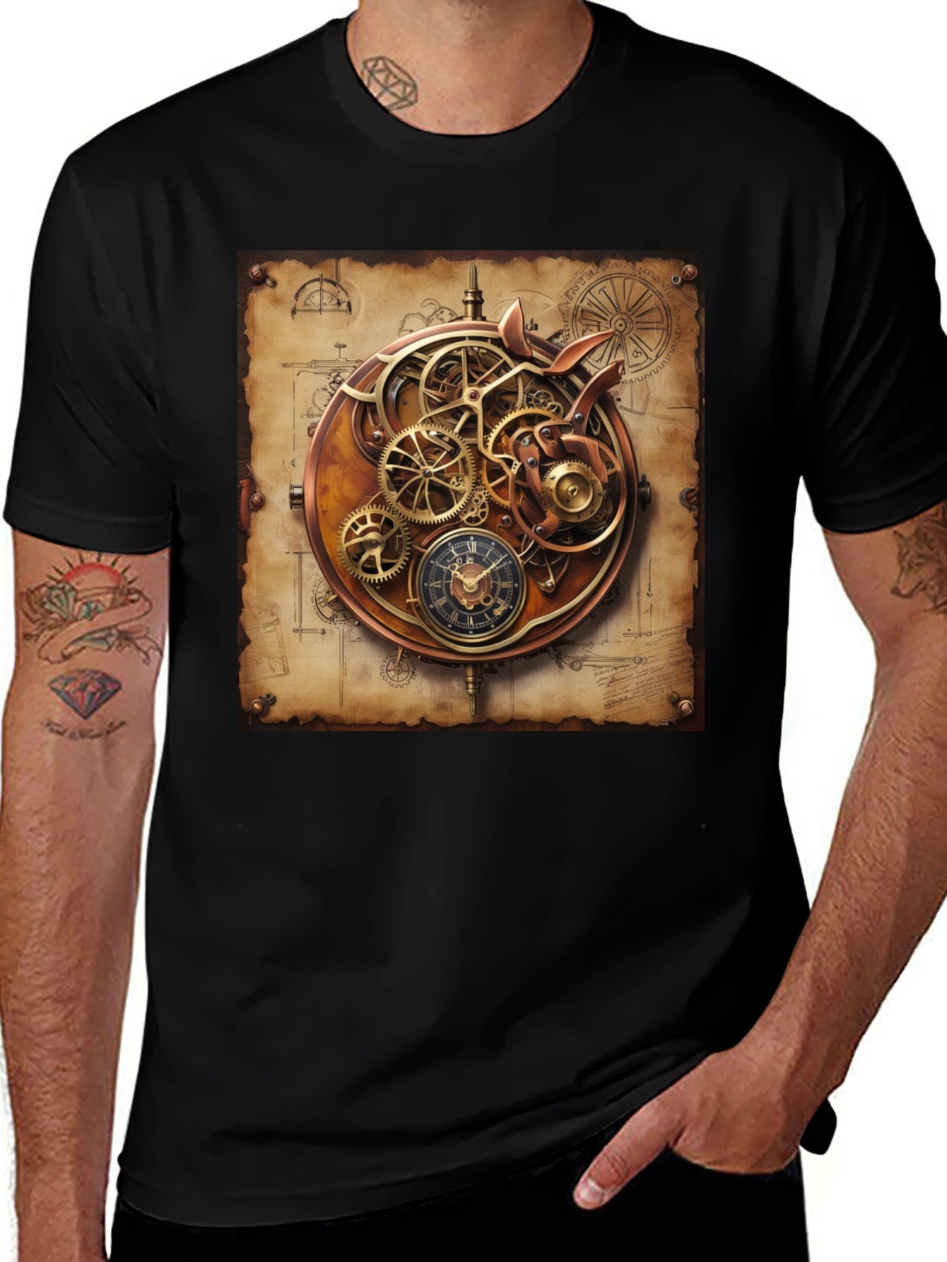 Steampunk Gear Design Black T-Shirt