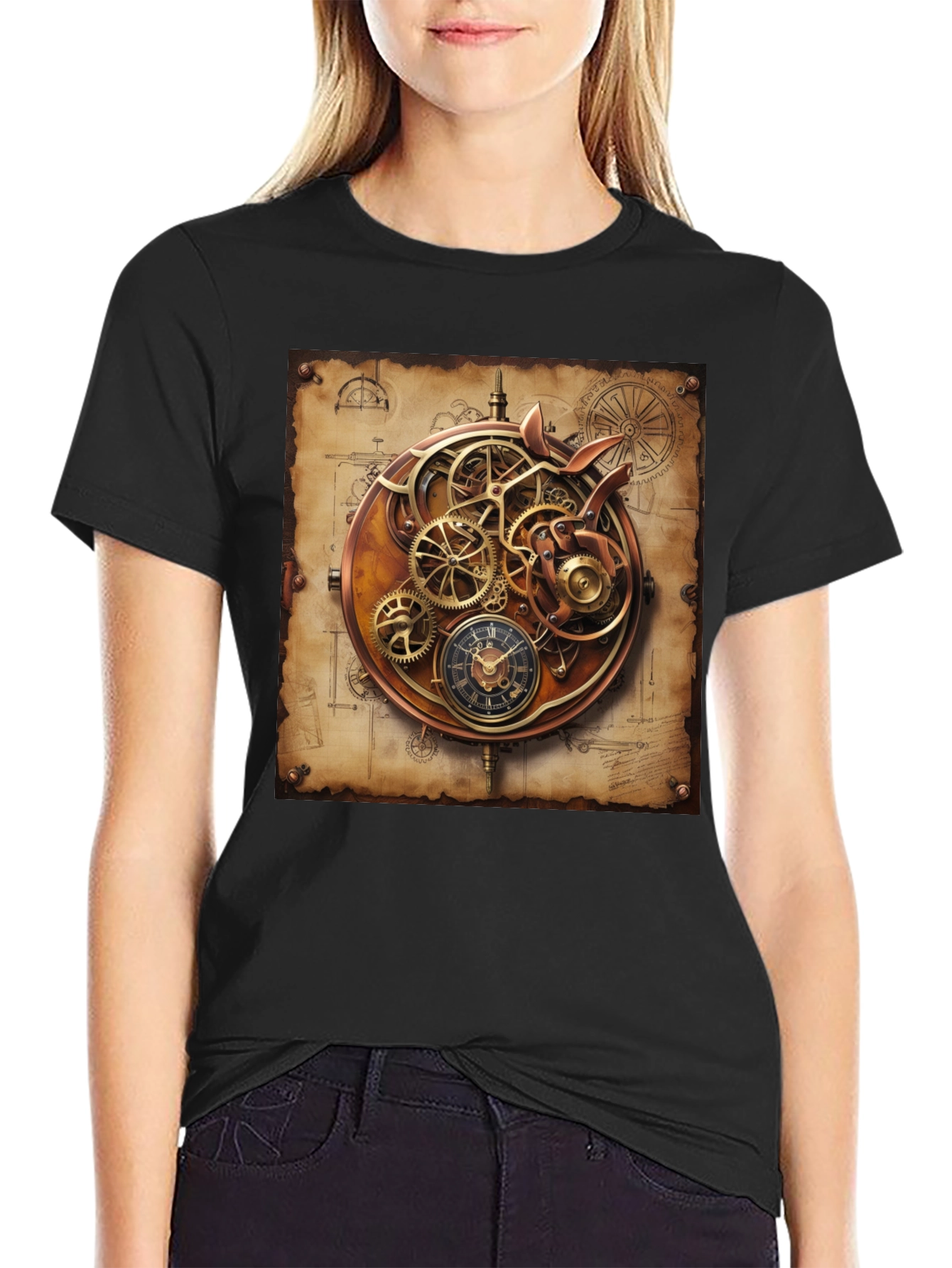 Steampunk Gear Design Black T-Shirt