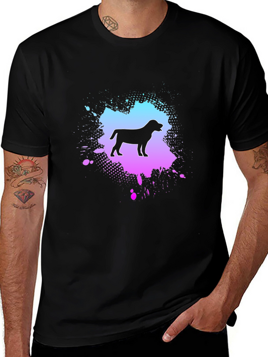 Dog Silhouette Black T-Shirt with Colorful Splatter Design