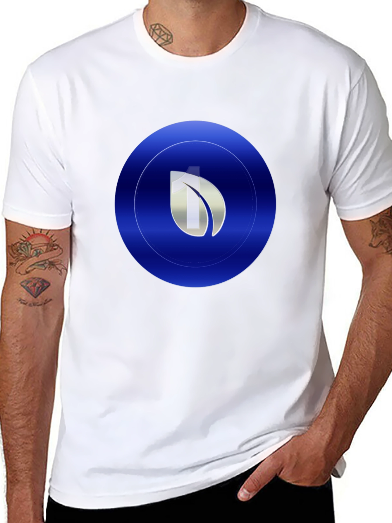 Modern Blue Leaf Circle Graphic Print Black T-Shirt