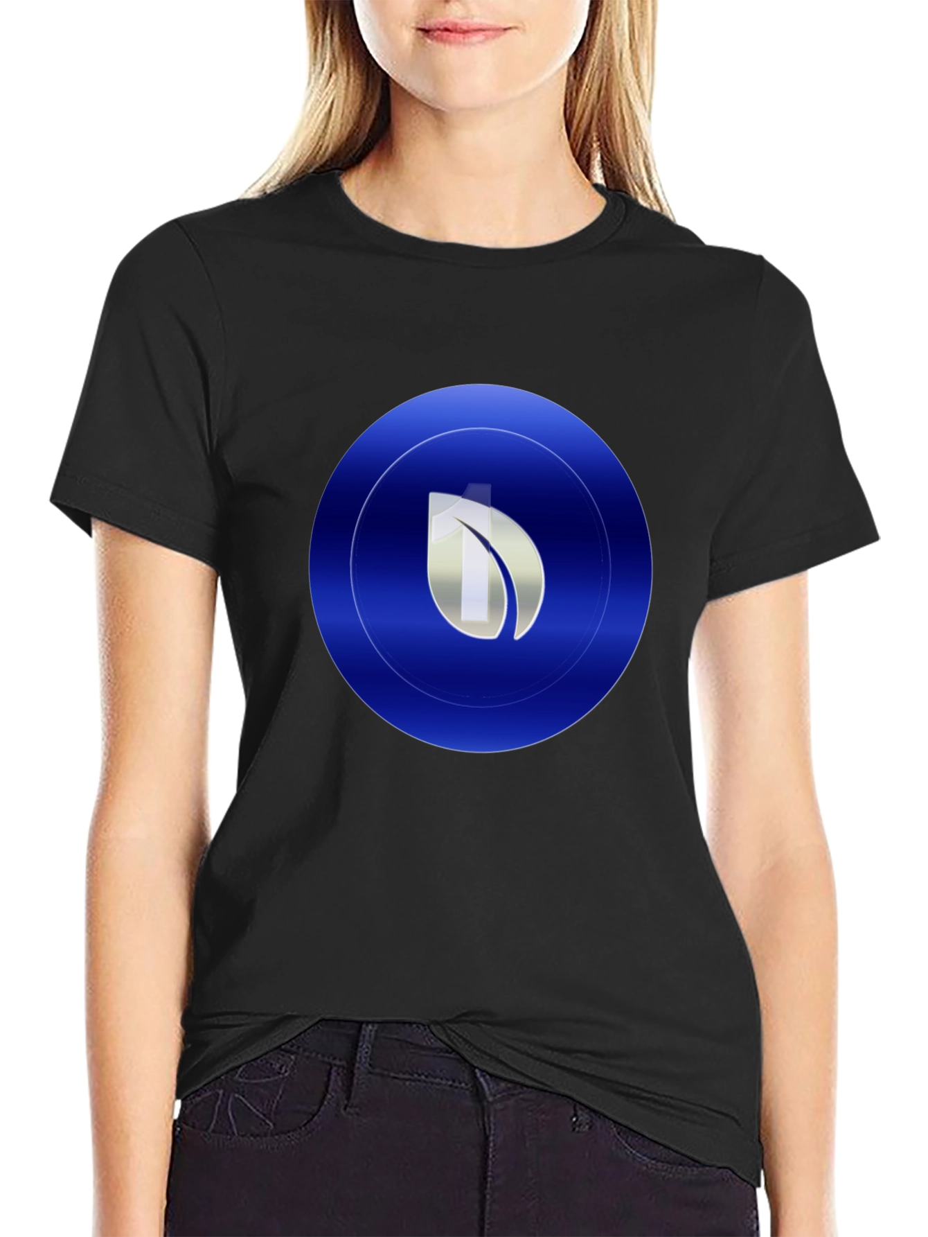 Modern Blue Leaf Circle Graphic Print Black T-Shirt