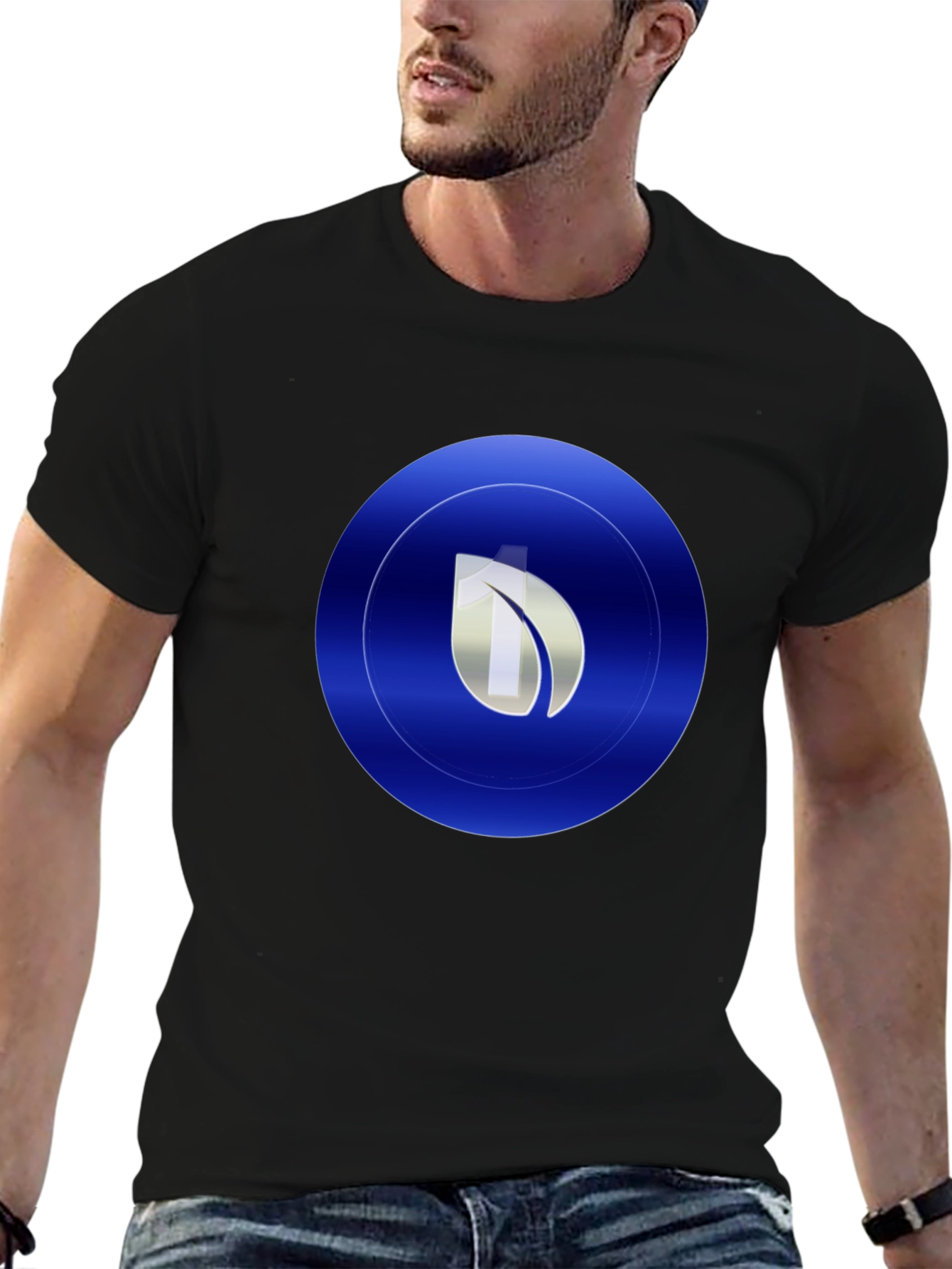 Modern Blue Leaf Circle Graphic Print Black T-Shirt
