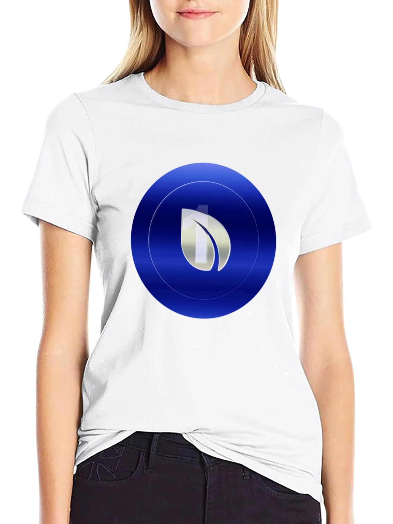 Modern Blue Leaf Circle Graphic Print Black T-Shirt