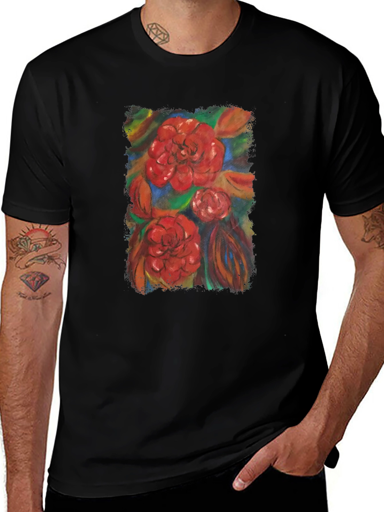 Floral Print Black T-Shirt - Artistic Design