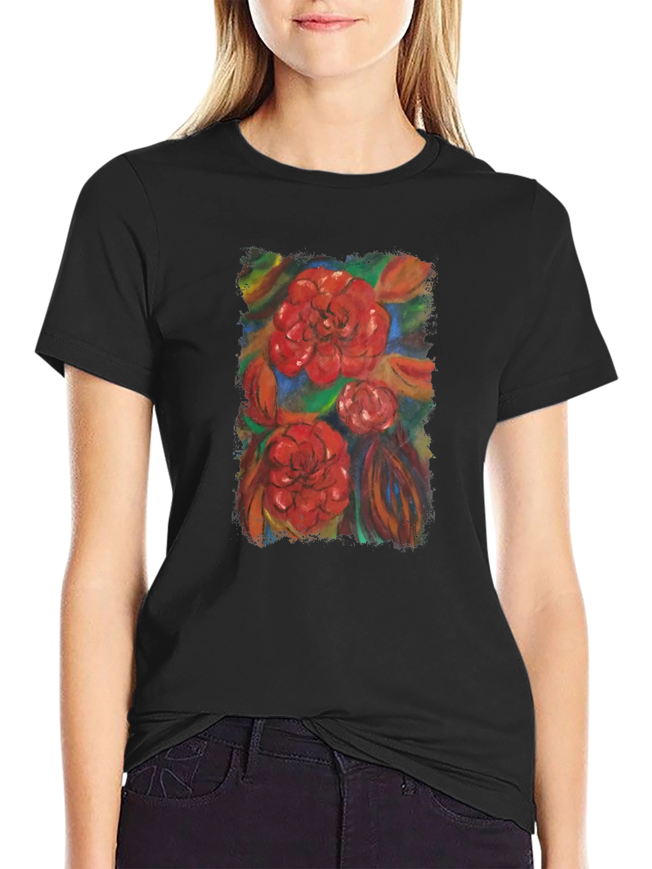 Floral Print Black T-Shirt - Artistic Design