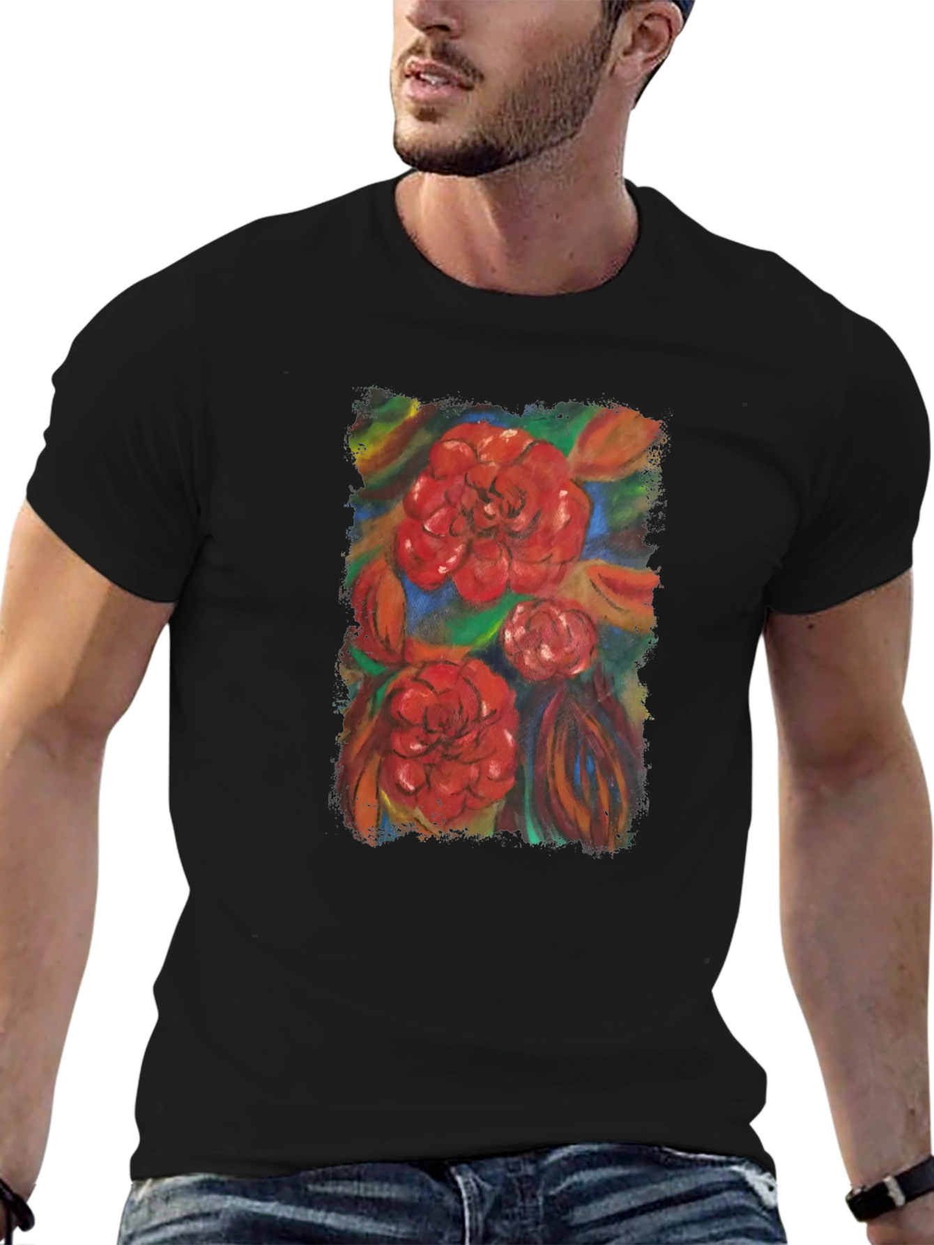 Floral Print Black T-Shirt - Artistic Design