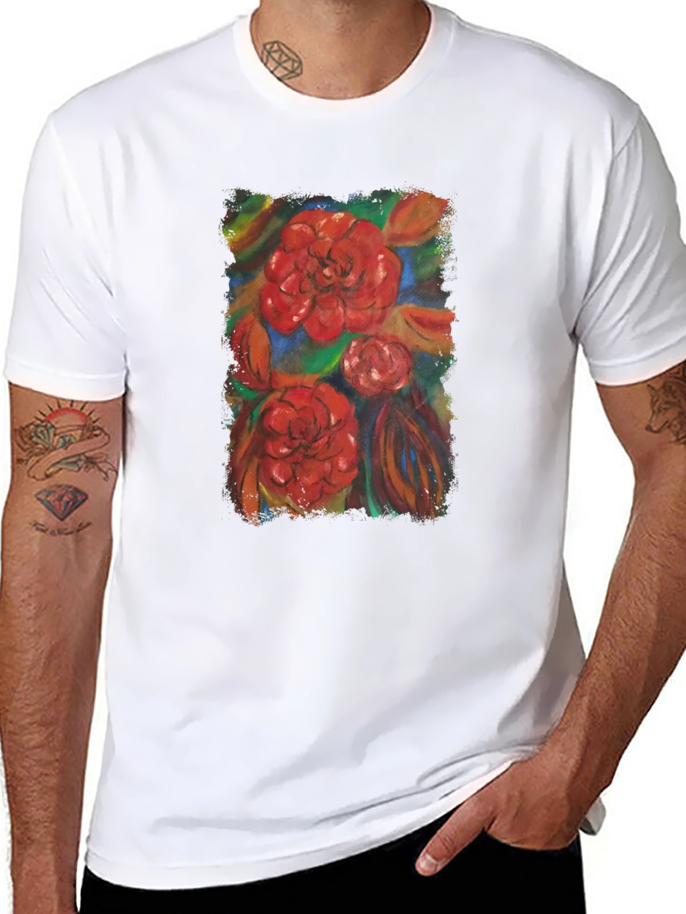 Floral Print Black T-Shirt - Artistic Design