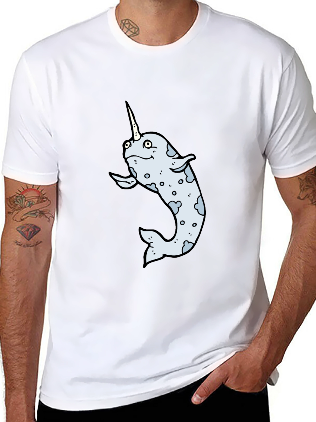Narwhal Cartoon Graphic T-Shirt - Black