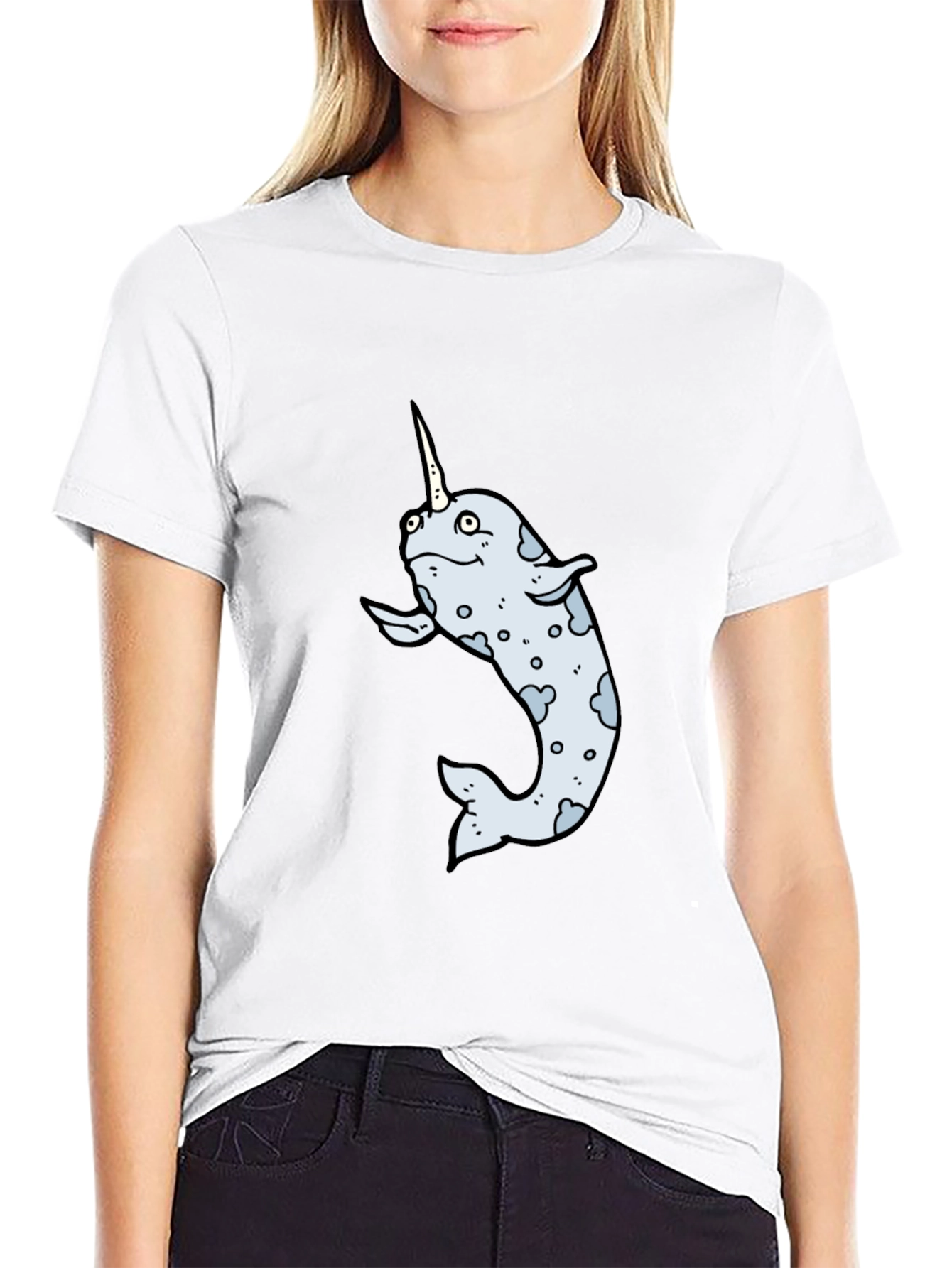 Narwhal Cartoon Graphic T-Shirt - Black
