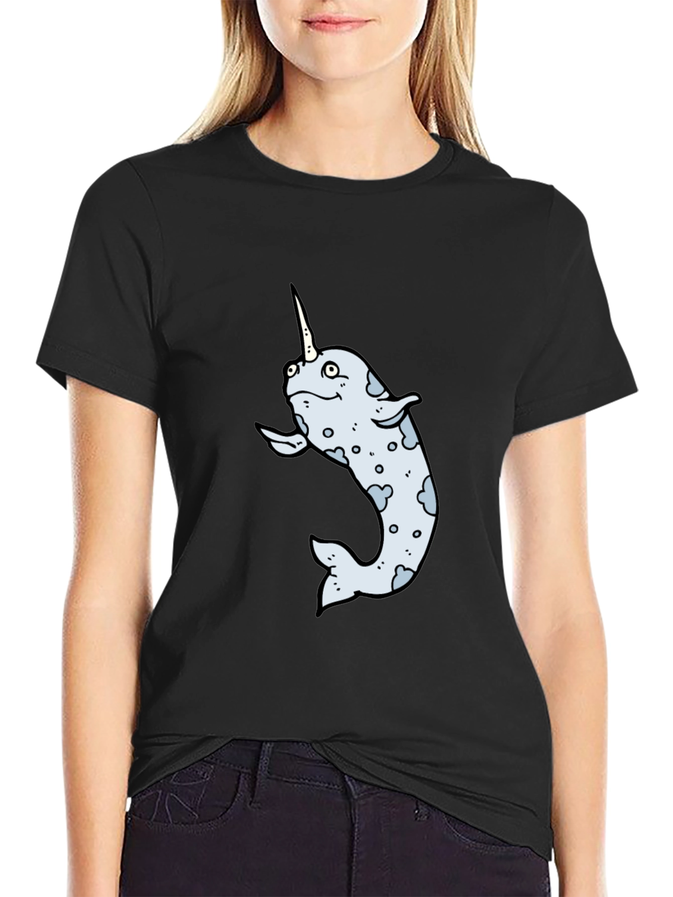 Narwhal Cartoon Graphic T-Shirt - Black