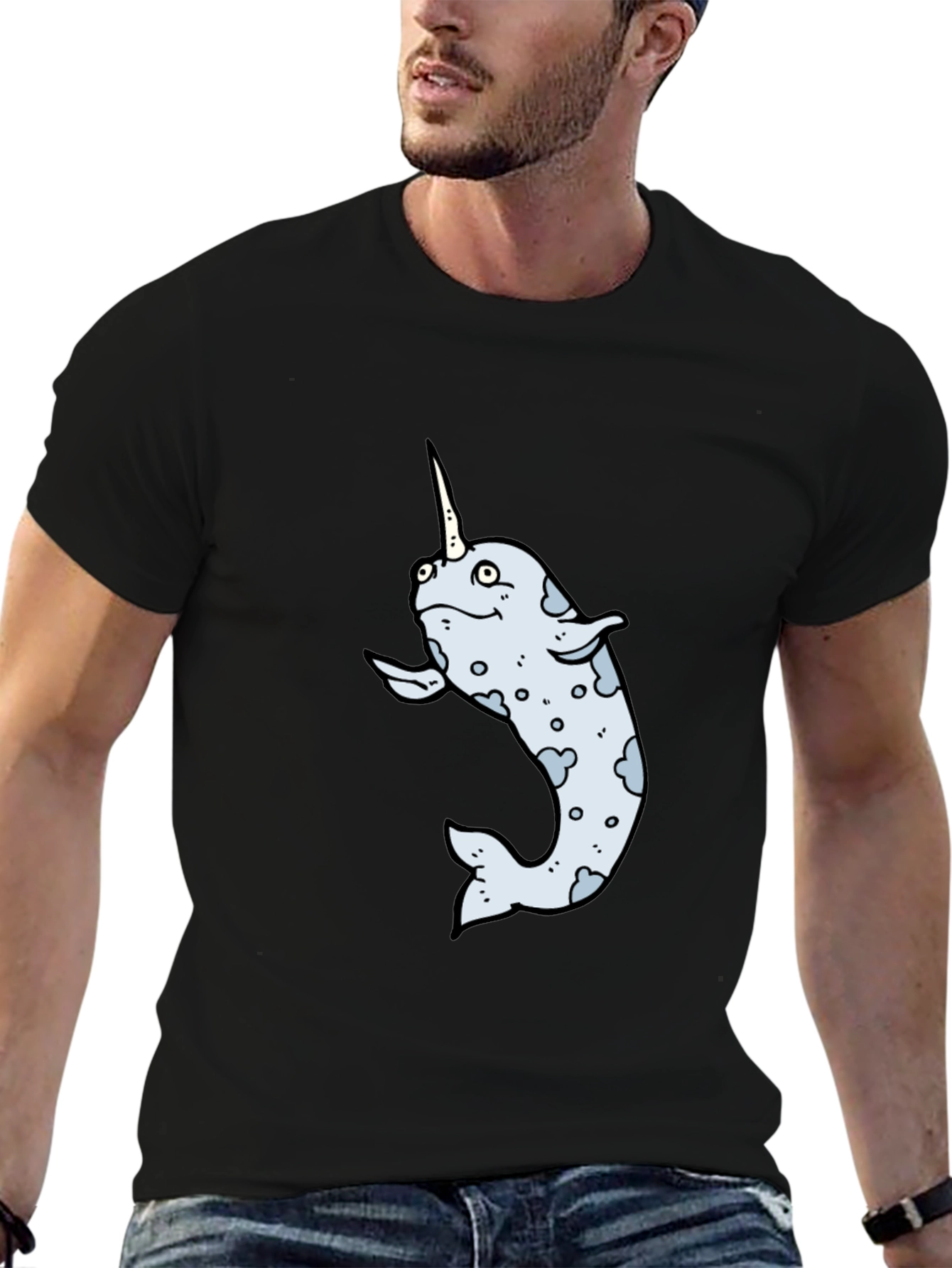 Narwhal Cartoon Graphic T-Shirt - Black