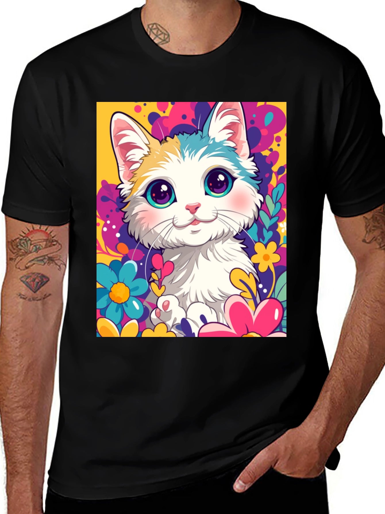 Cute Cartoon Cat Black T-Shirt