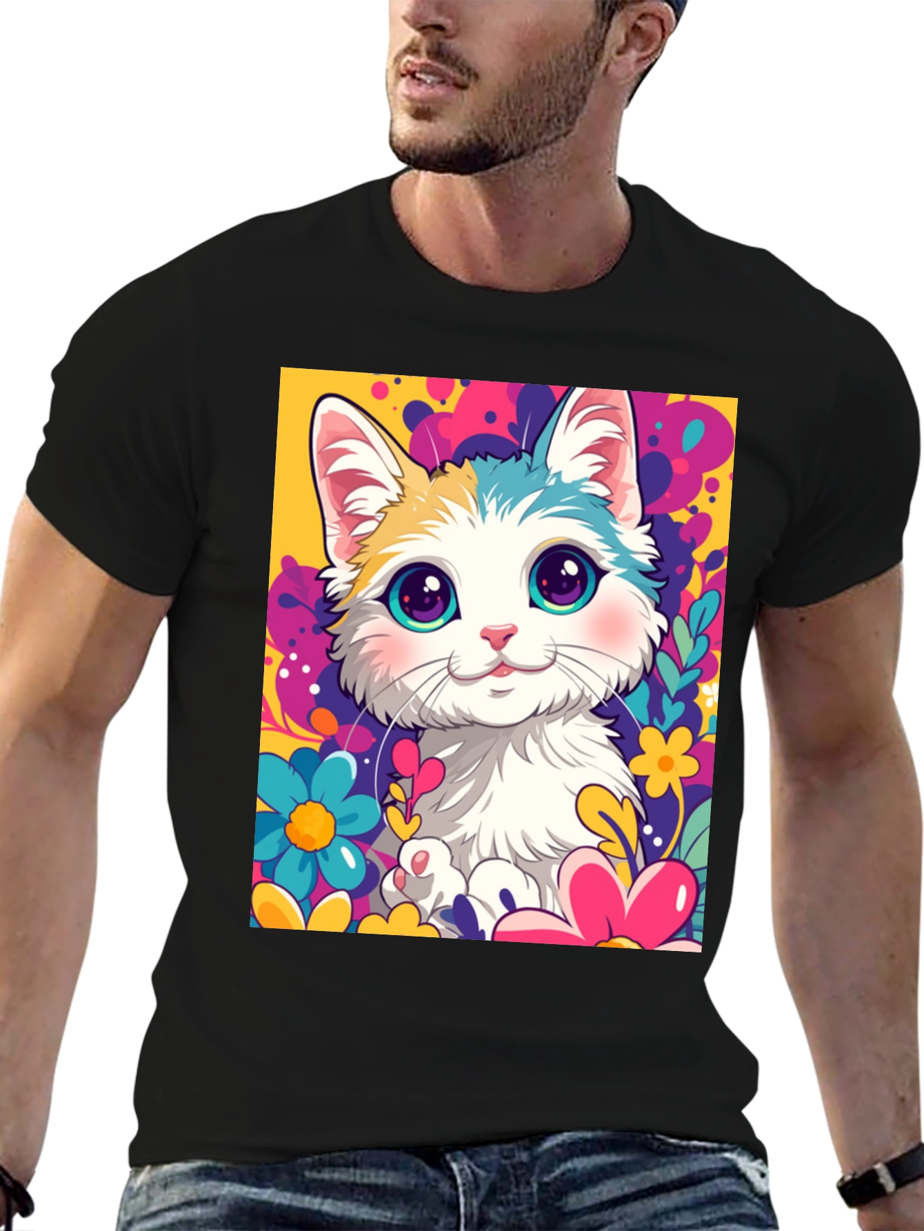 Cute Cartoon Cat Black T-Shirt