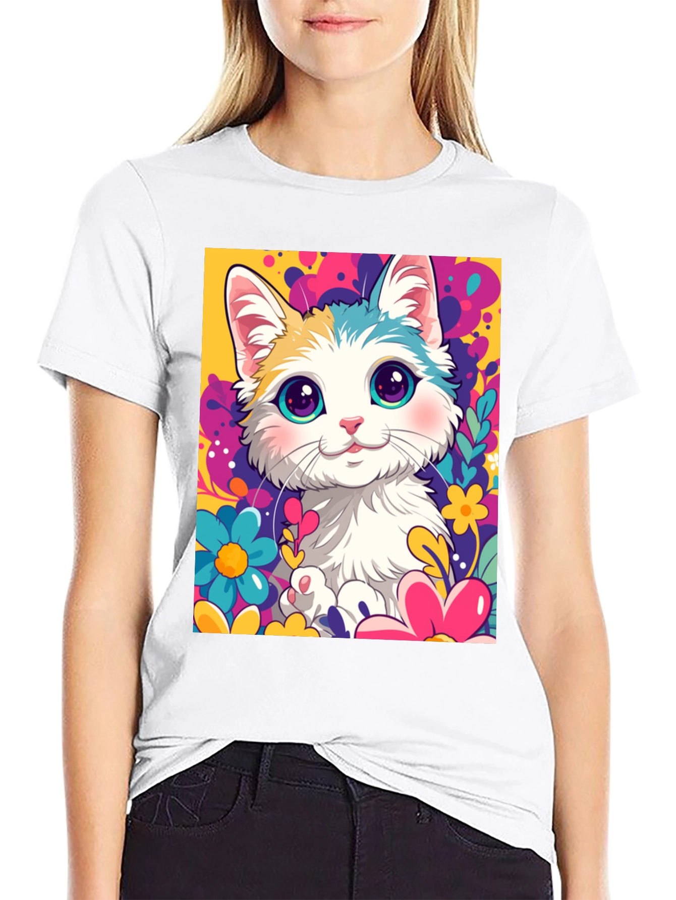 Cute Cartoon Cat Black T-Shirt