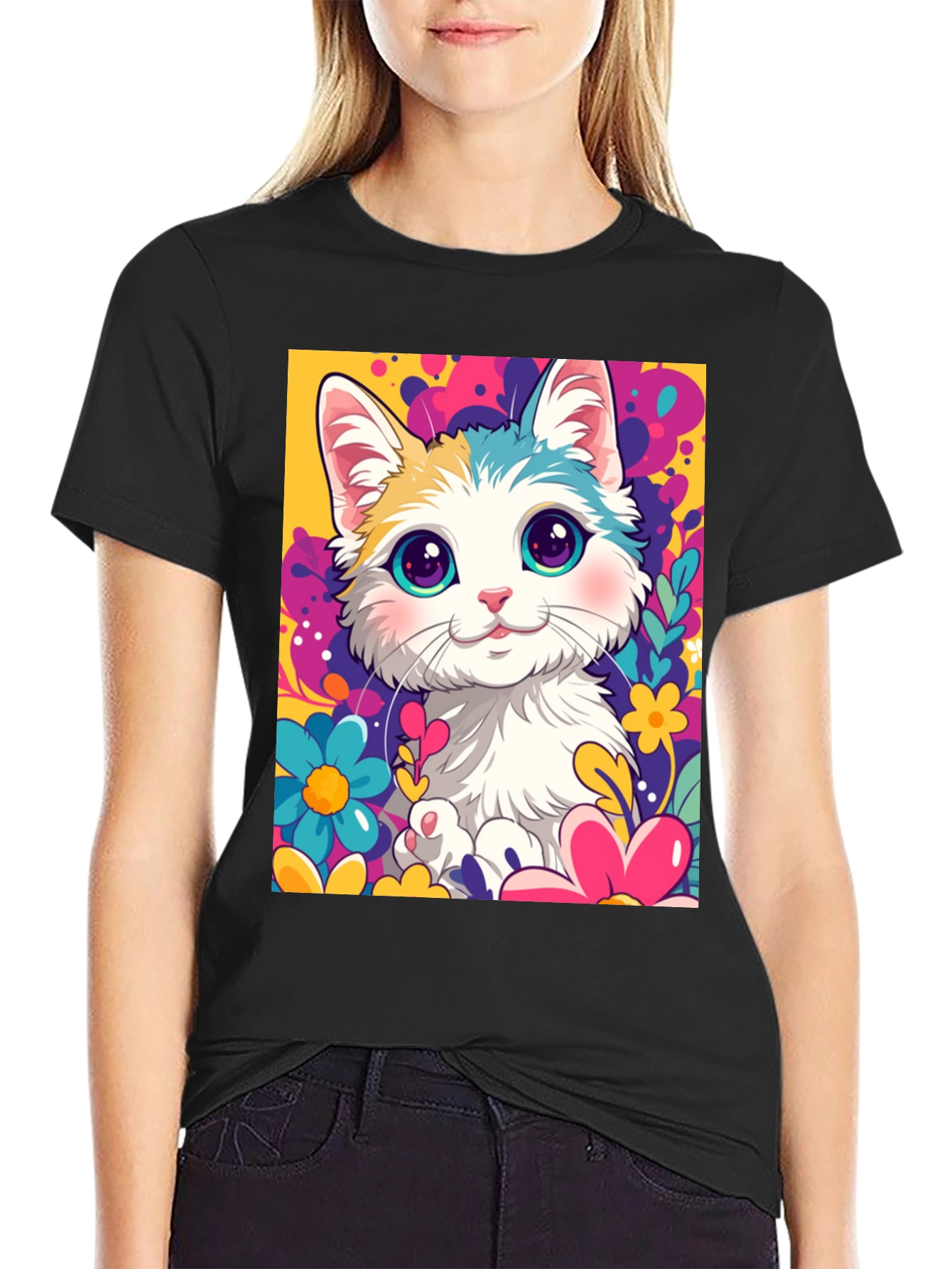 Cute Cartoon Cat Black T-Shirt