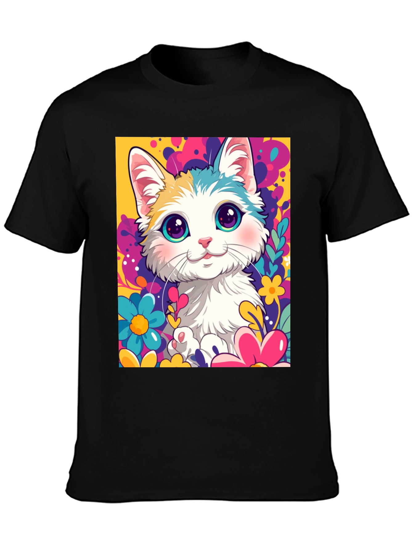 Cute Cartoon Cat Black T-Shirt