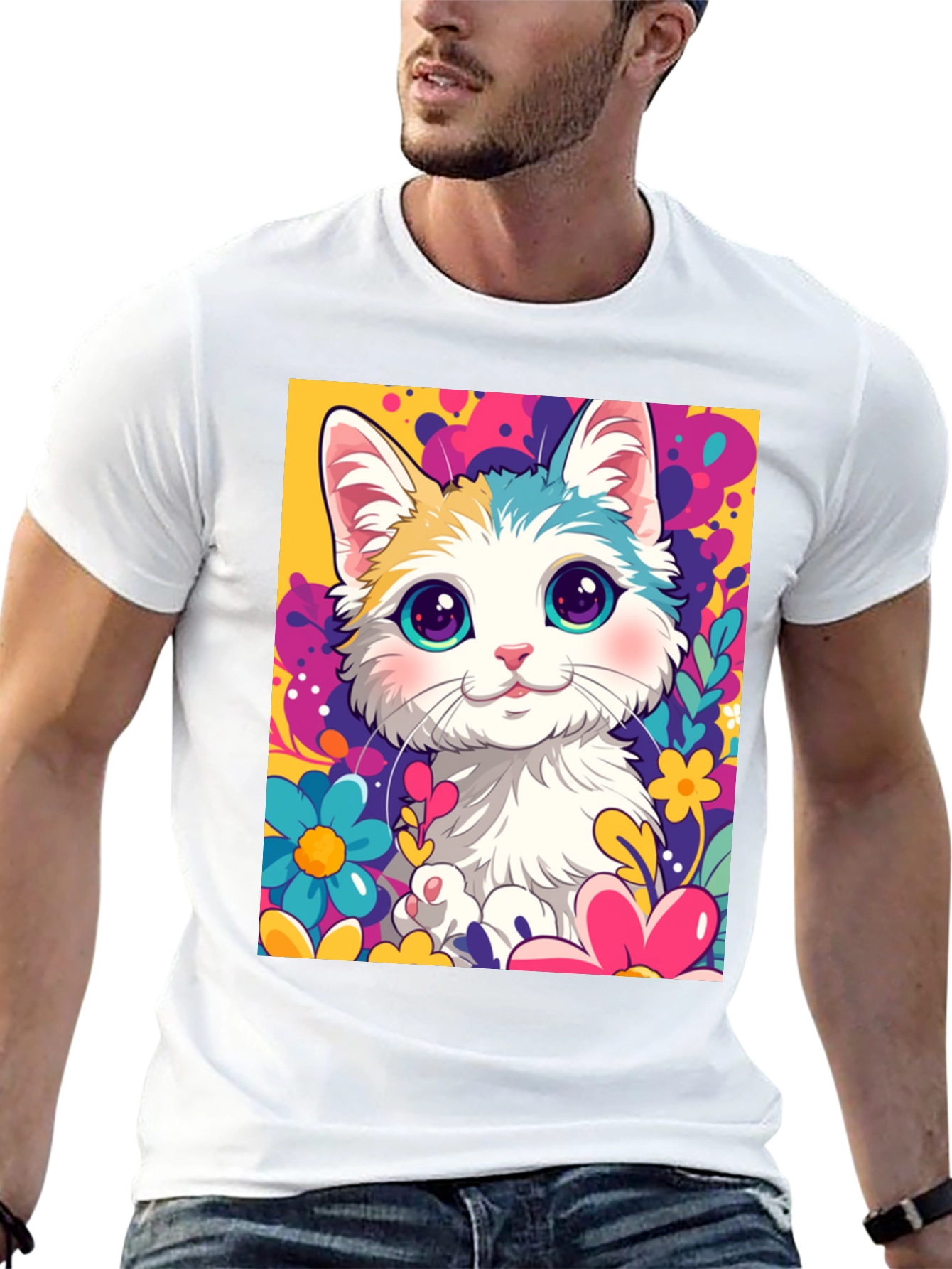 Cute Cartoon Cat Black T-Shirt