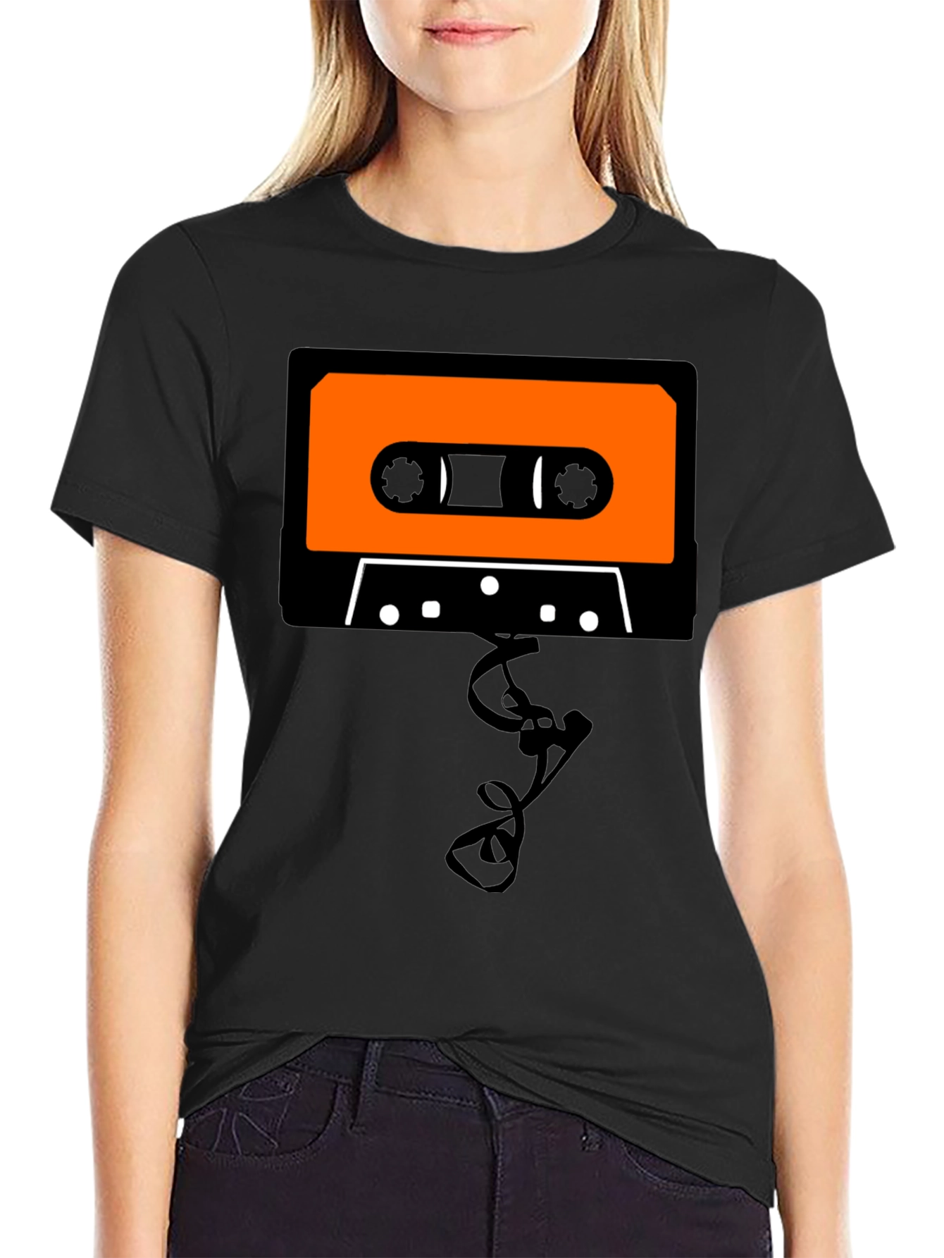 Retro Cassette Tape Graphic Tee - Black Cotton T-Shirt
