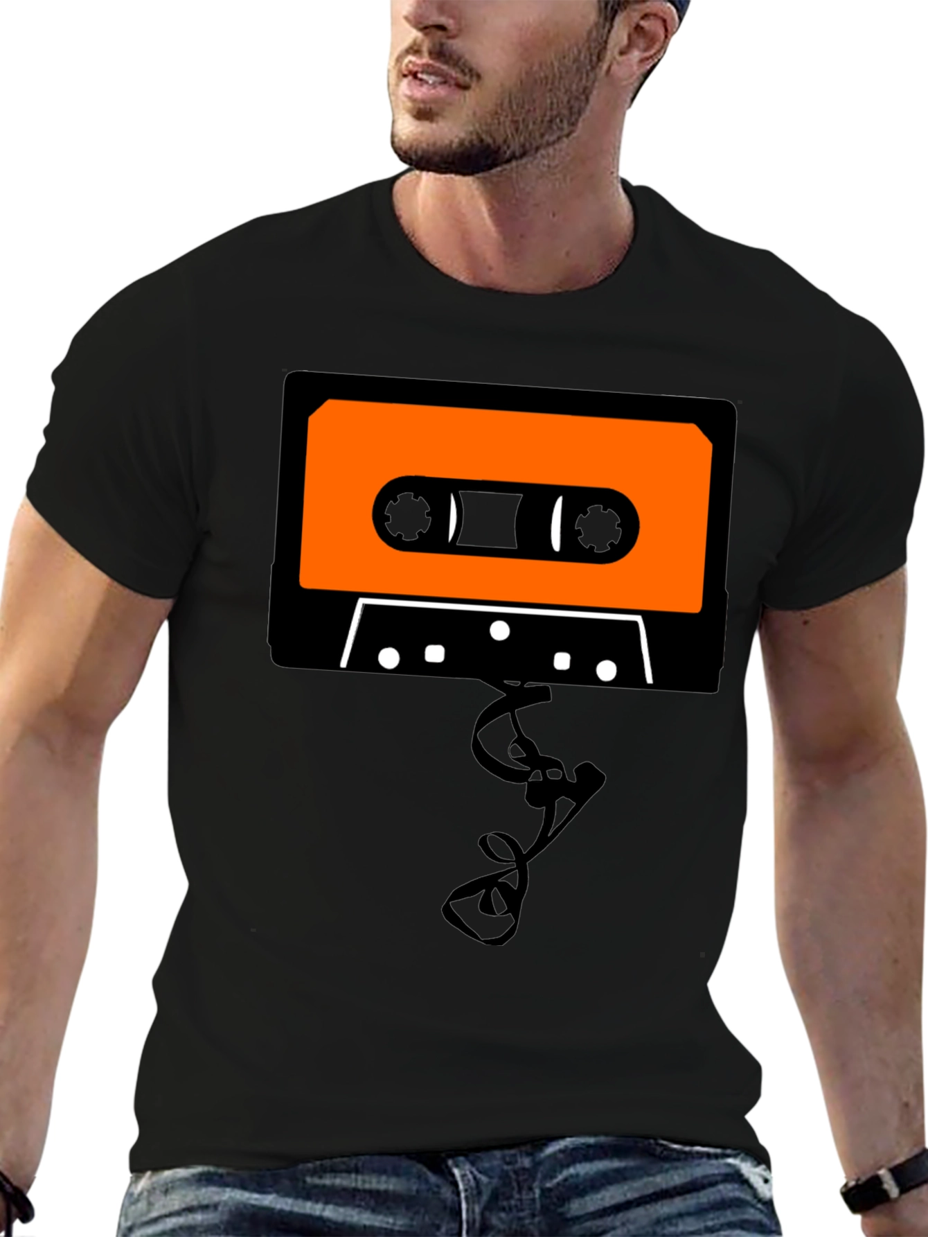 Retro Cassette Tape Graphic Tee - Black Cotton T-Shirt