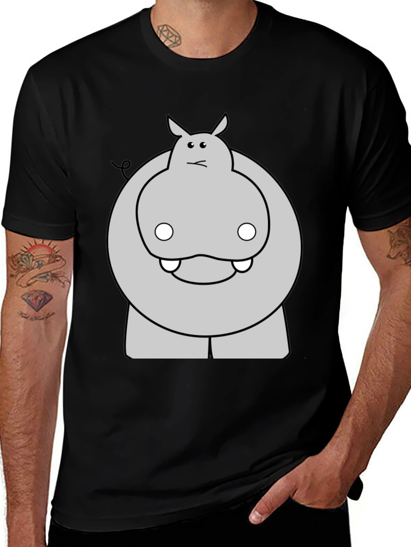 Funny Hippo Cartoon Black T-Shirt