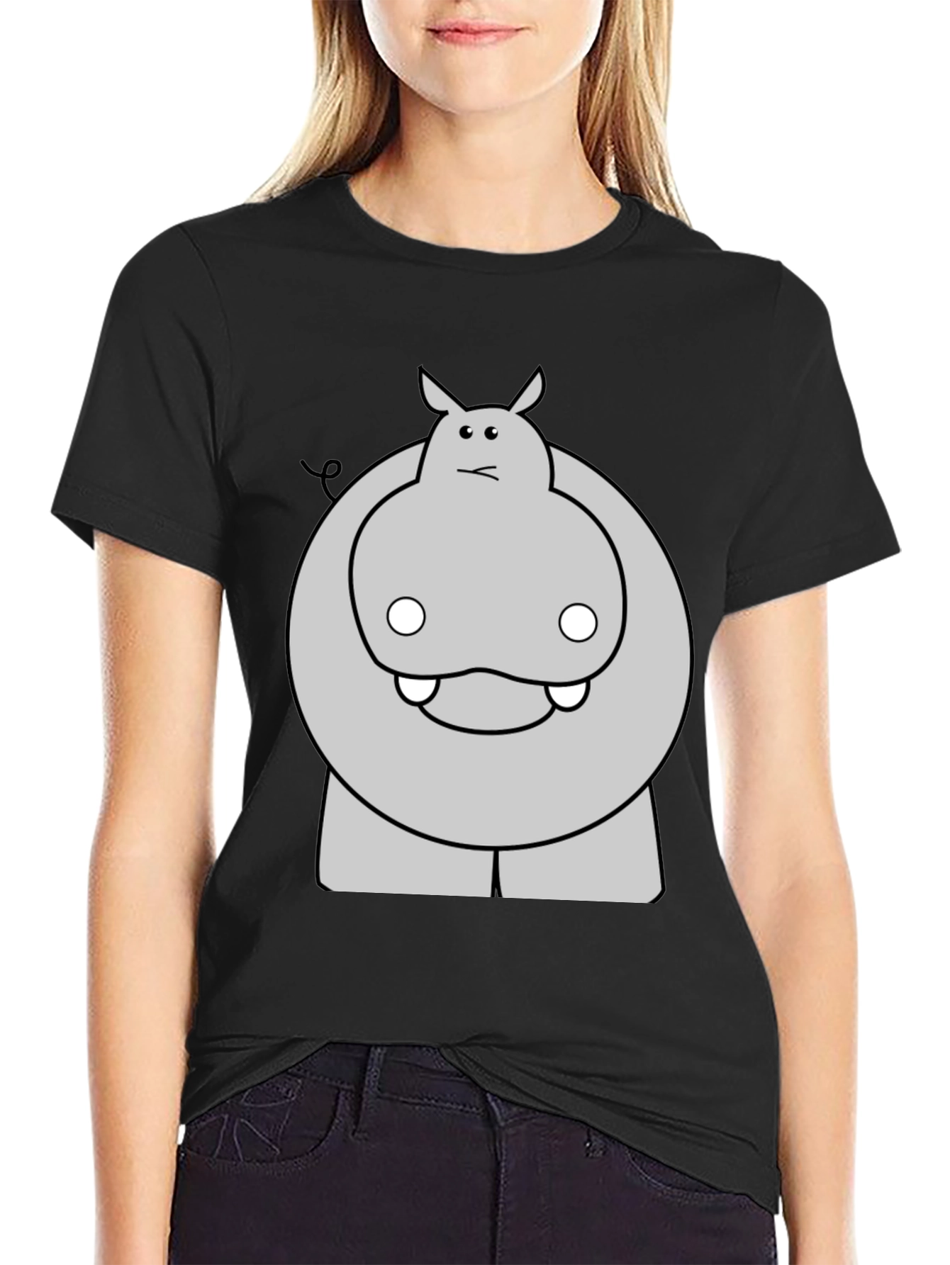 Funny Hippo Cartoon Black T-Shirt