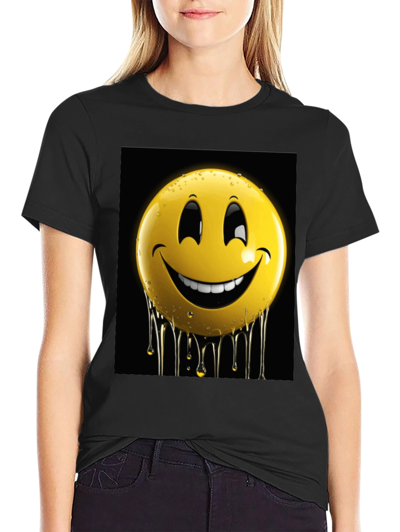 Smiley Face Drip Graphic Tee - Black