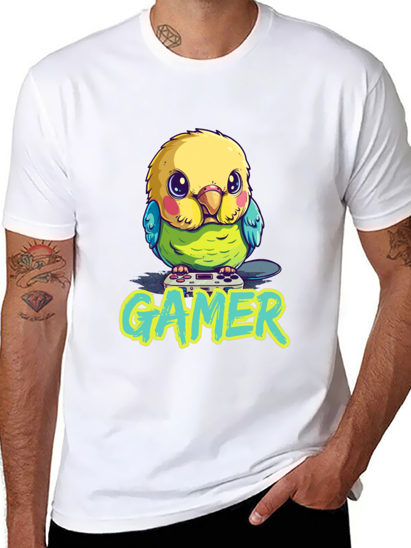 Gamer Bird T-Shirt - Cute Parrot with Controller Design