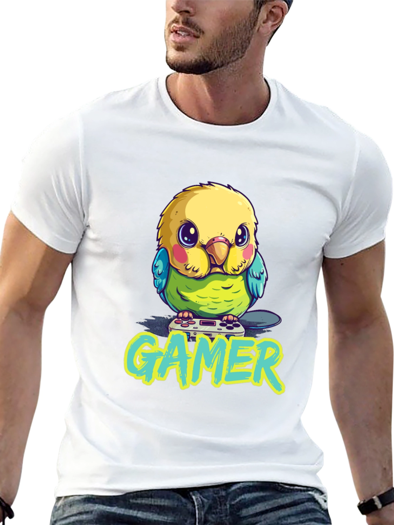 Gamer Bird T-Shirt - Cute Parrot with Controller Design