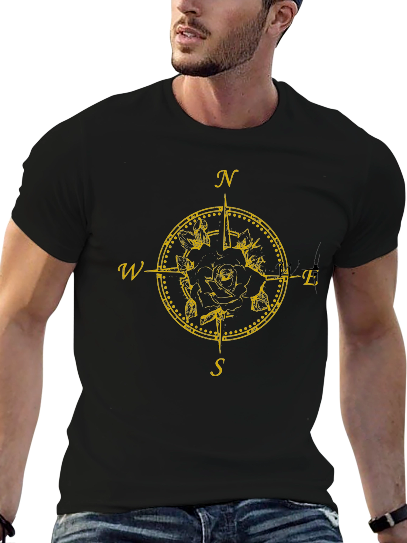 Rose Compass Graphic Tee - Black Cotton T-Shirt