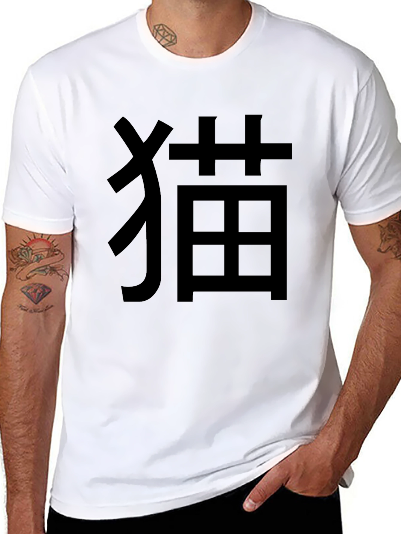 Black T-Shirt with Japanese Cat Character