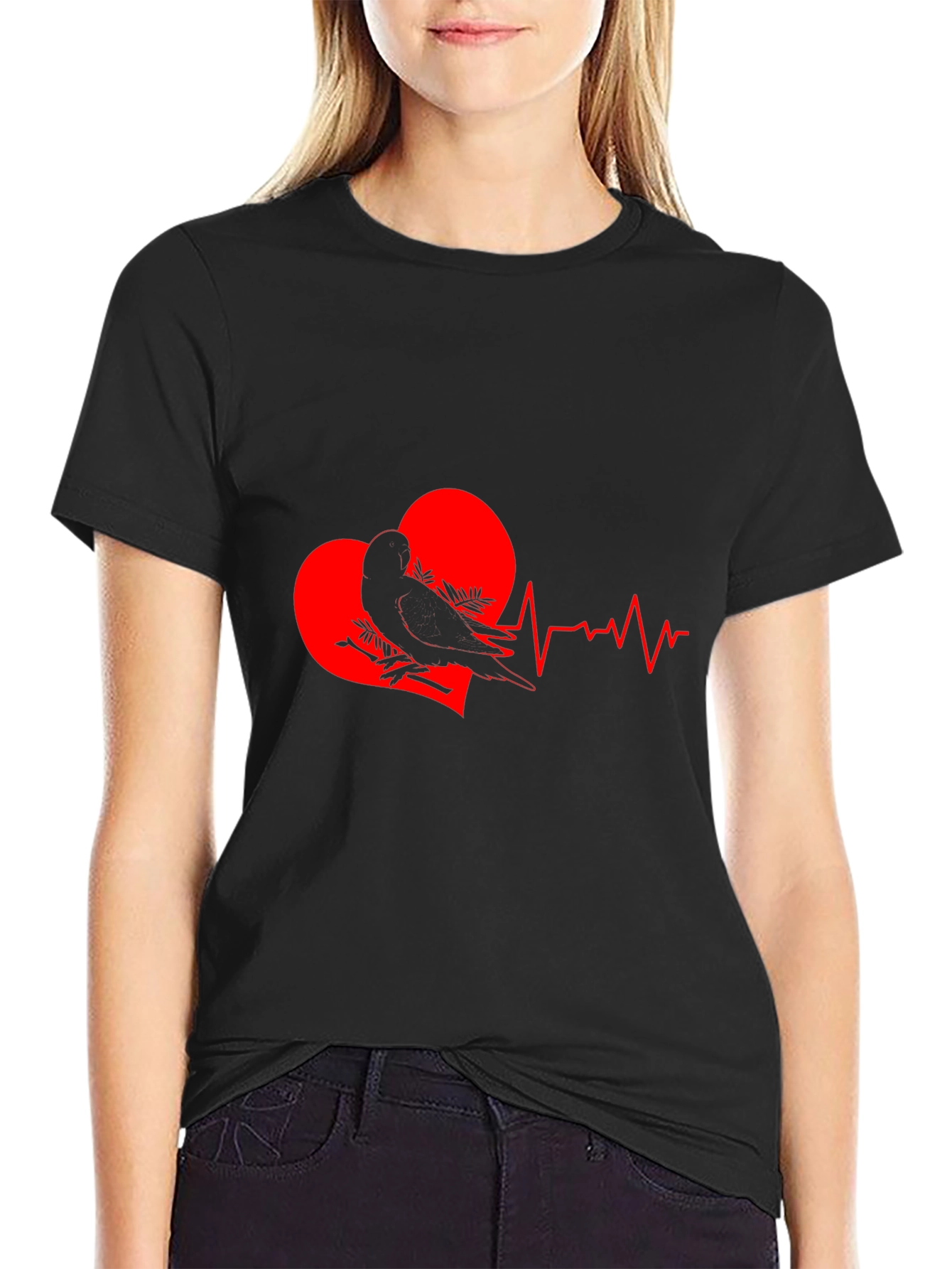 Heartbeat Bird Graphic Tee - Stylish Black T-Shirt