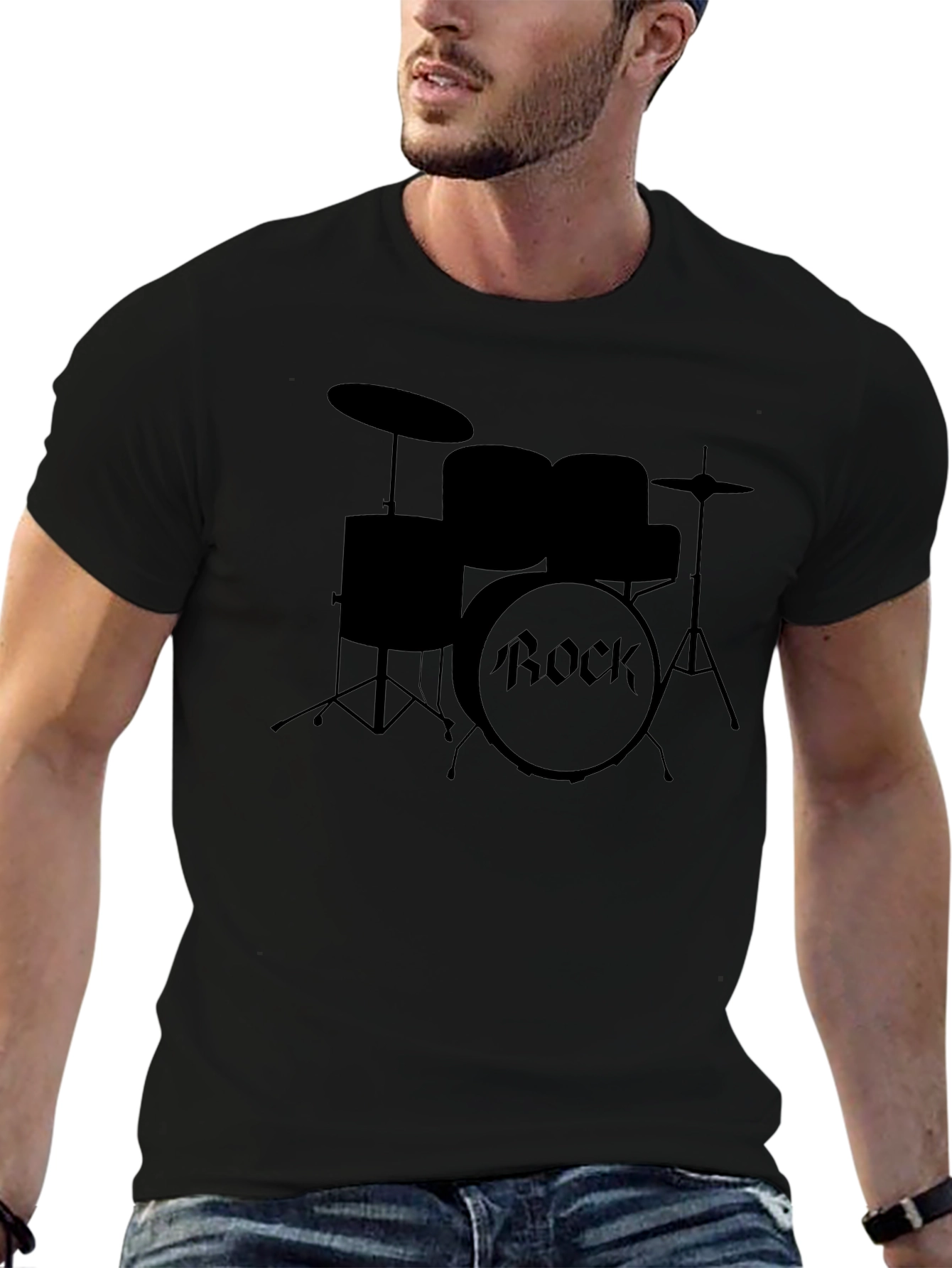 Rock Drum Set Graphic Tee - Black Cotton T-Shirt