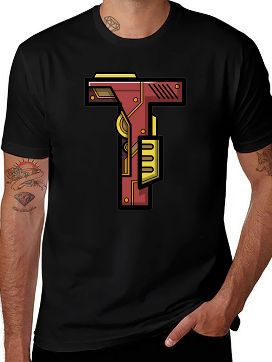 Steampunk Letter T Graphic Tee - Black Cotton Blend
