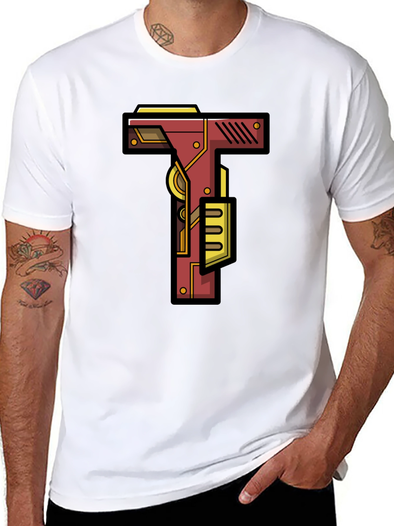 Steampunk Letter T Graphic Tee - Black Cotton Blend