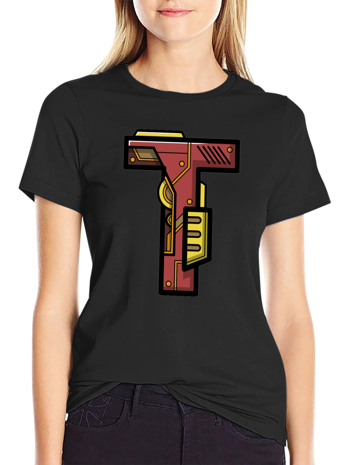 Steampunk Letter T Graphic Tee - Black Cotton Blend