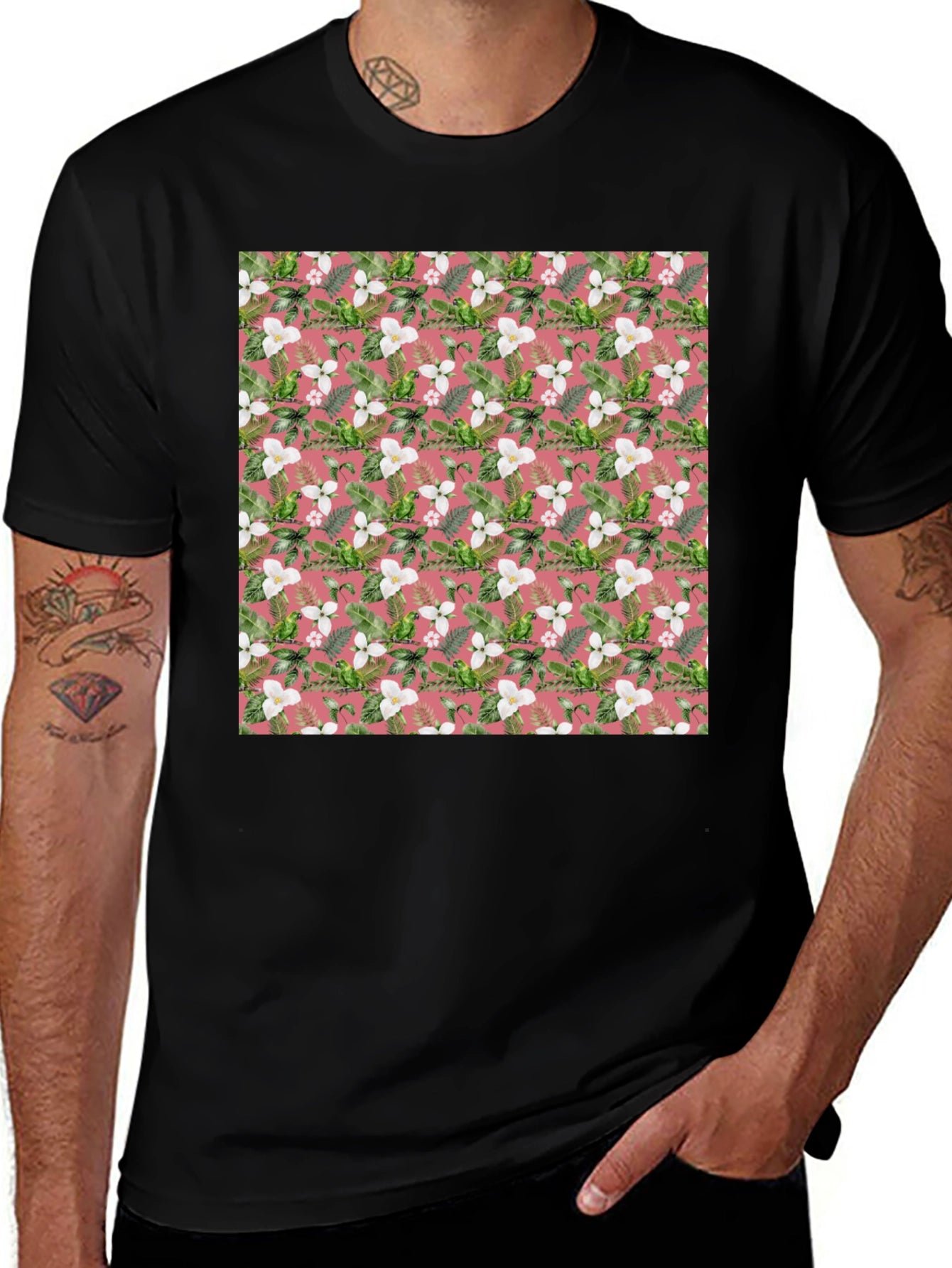 Floral Pattern Mens Black T-Shirt