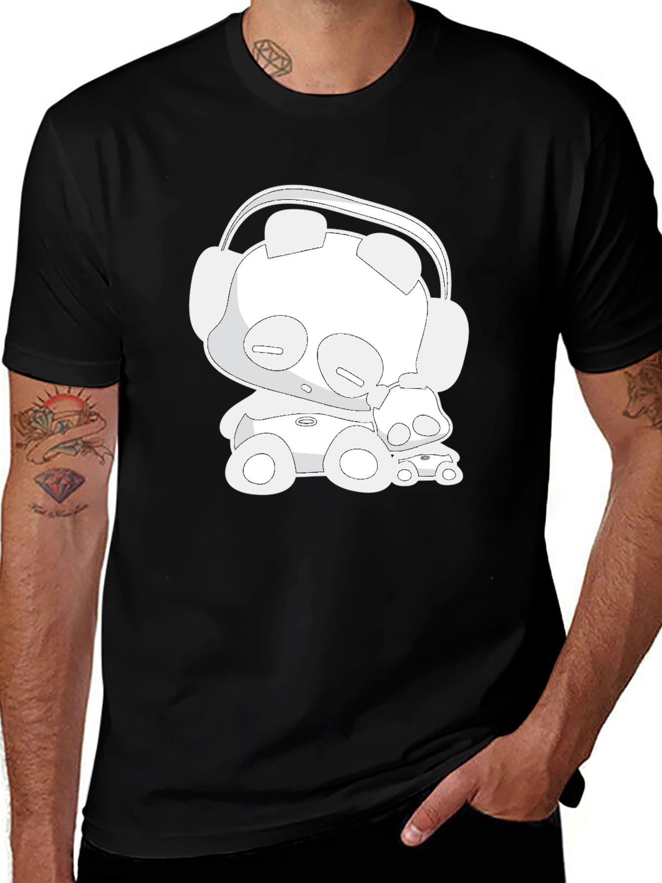 Cartoon Bear Headphones Black T-Shirt