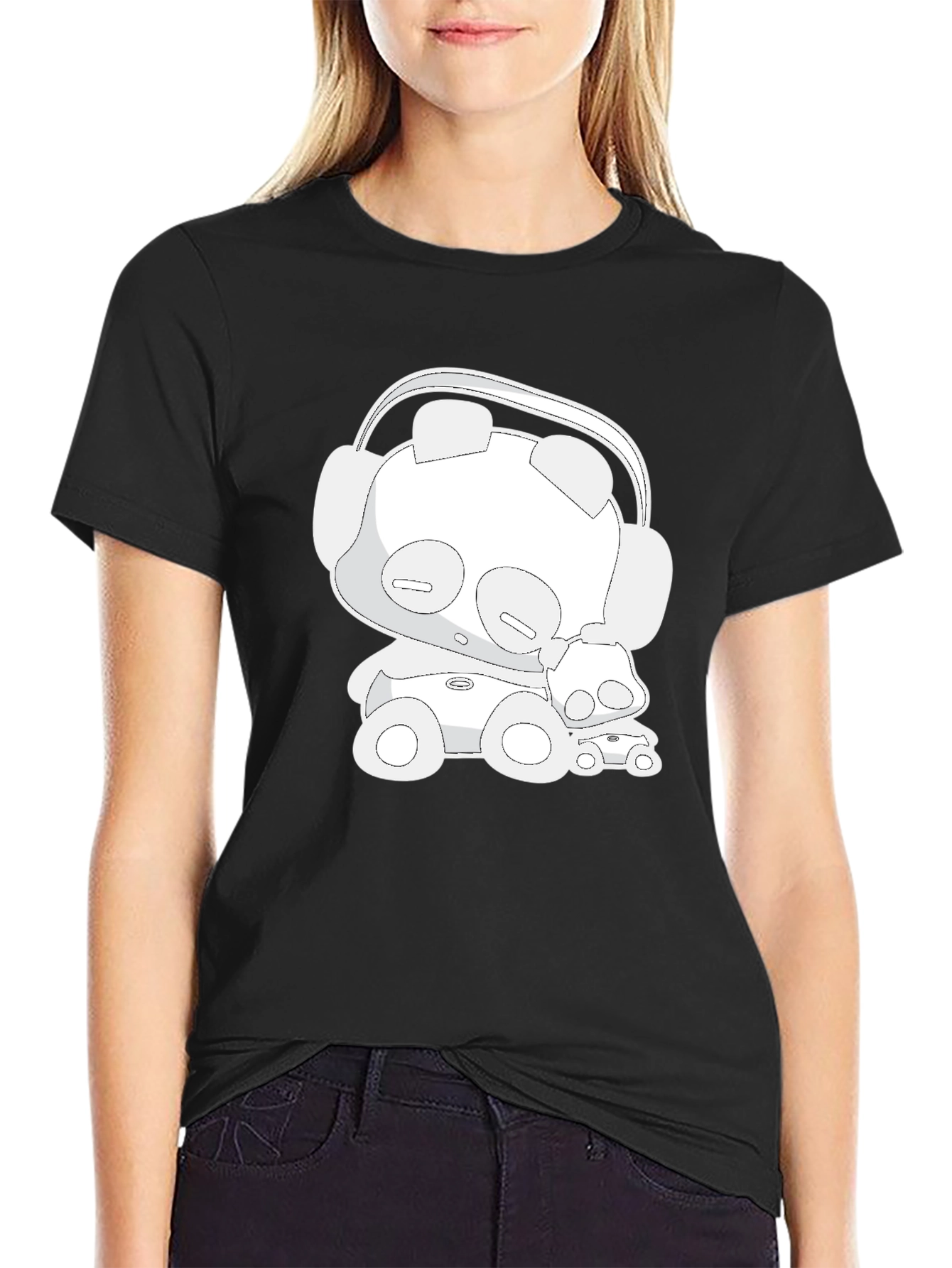 Cartoon Bear Headphones Black T-Shirt
