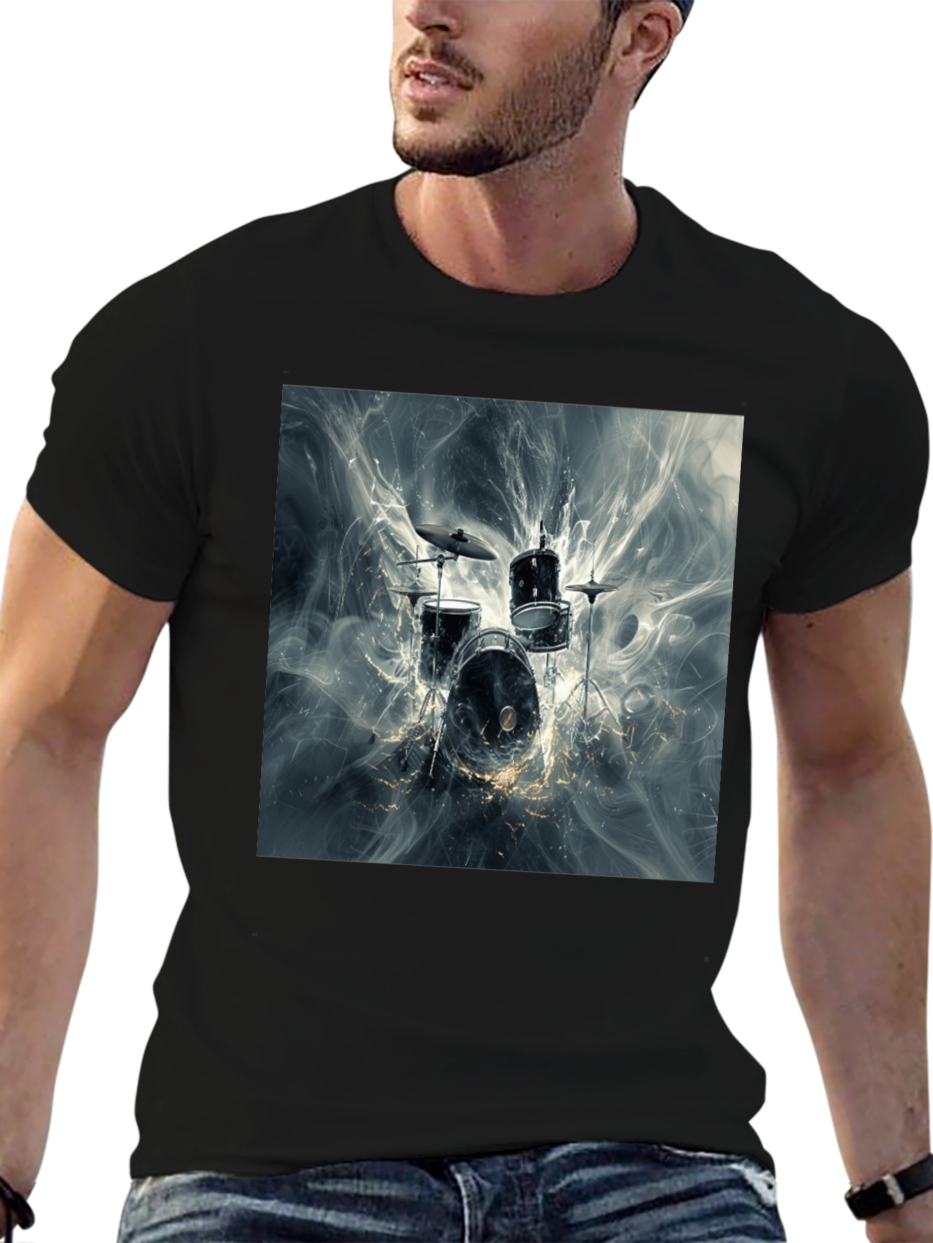 Drum Kit Graphic Print Black T-Shirt
