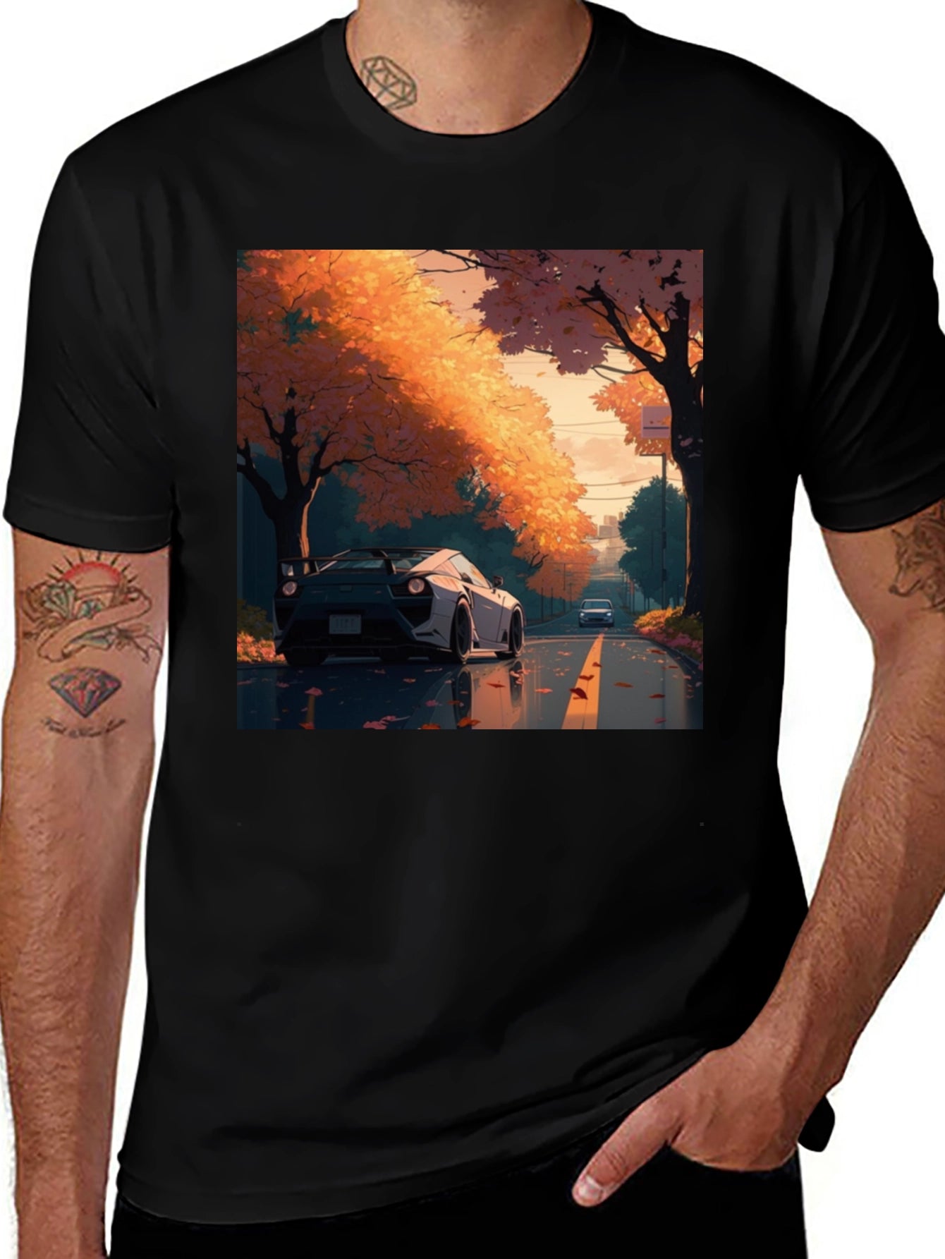 Autumn Road Car Graphic Tee - Stylish Black T-Shirt