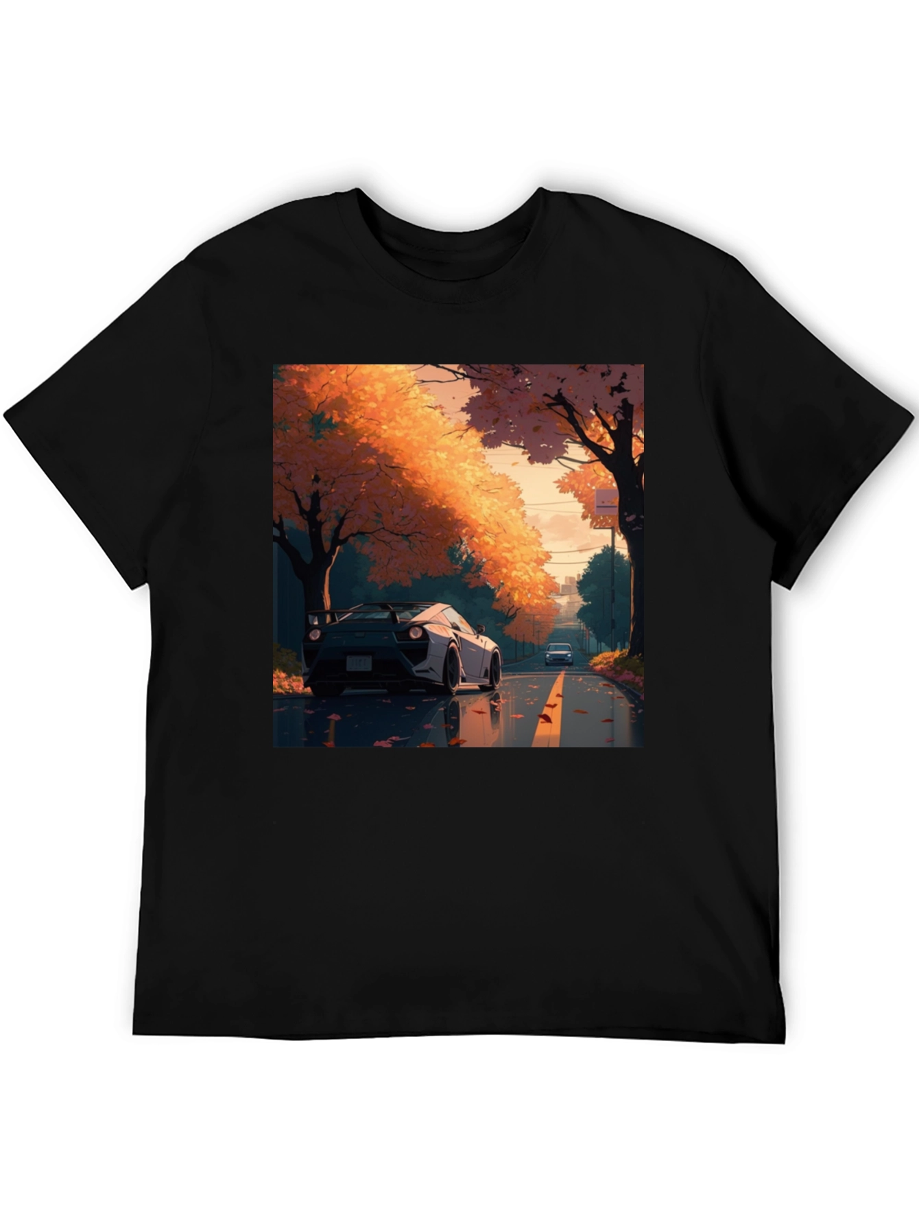 Autumn Road Car Graphic Tee - Stylish Black T-Shirt