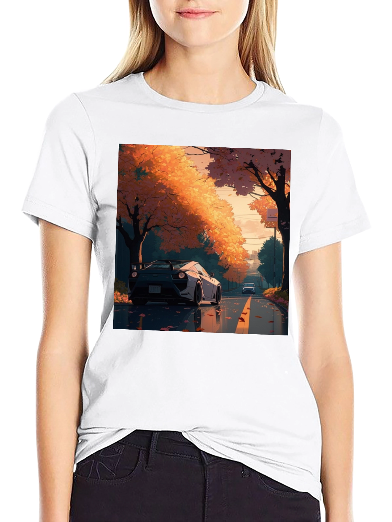 Autumn Road Car Graphic Tee - Stylish Black T-Shirt
