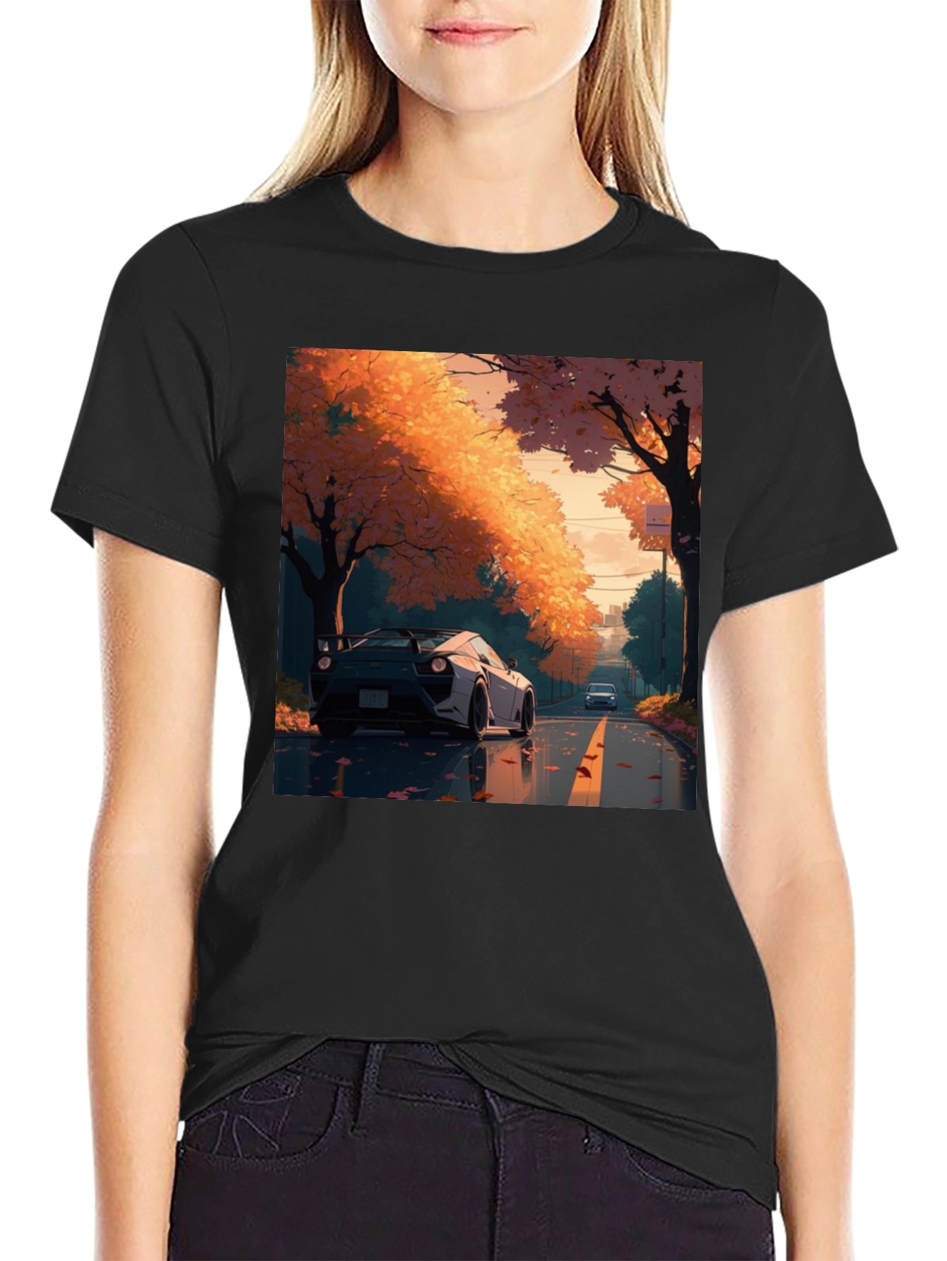 Autumn Road Car Graphic Tee - Stylish Black T-Shirt