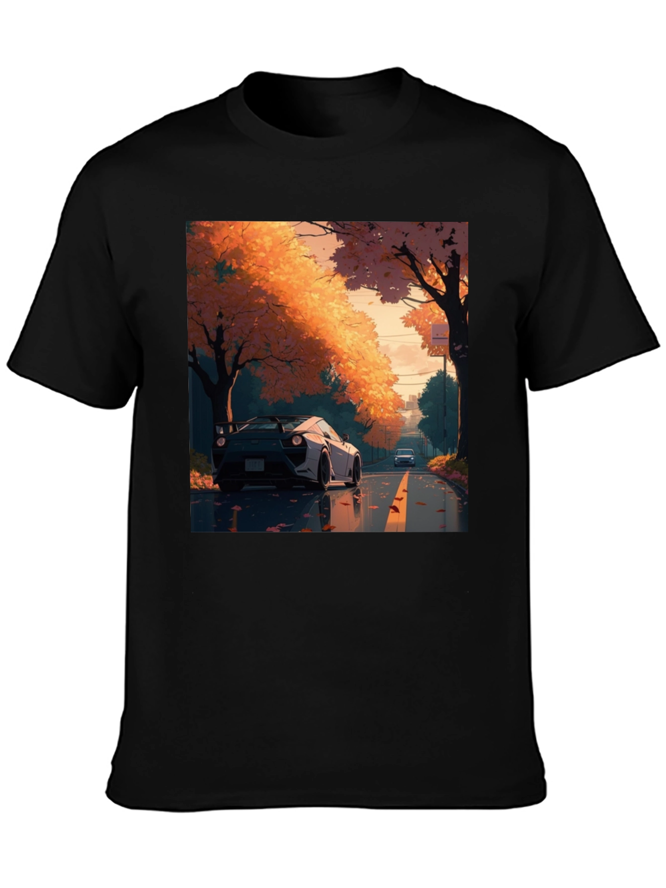 Autumn Road Car Graphic Tee - Stylish Black T-Shirt