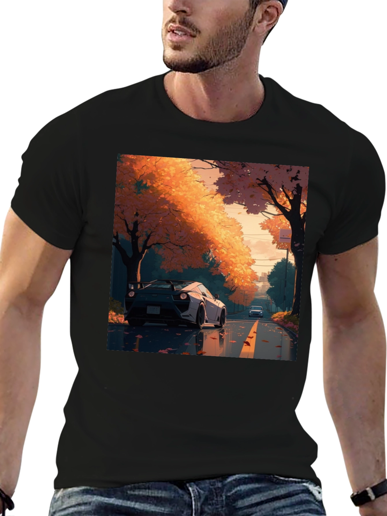Autumn Road Car Graphic Tee - Stylish Black T-Shirt