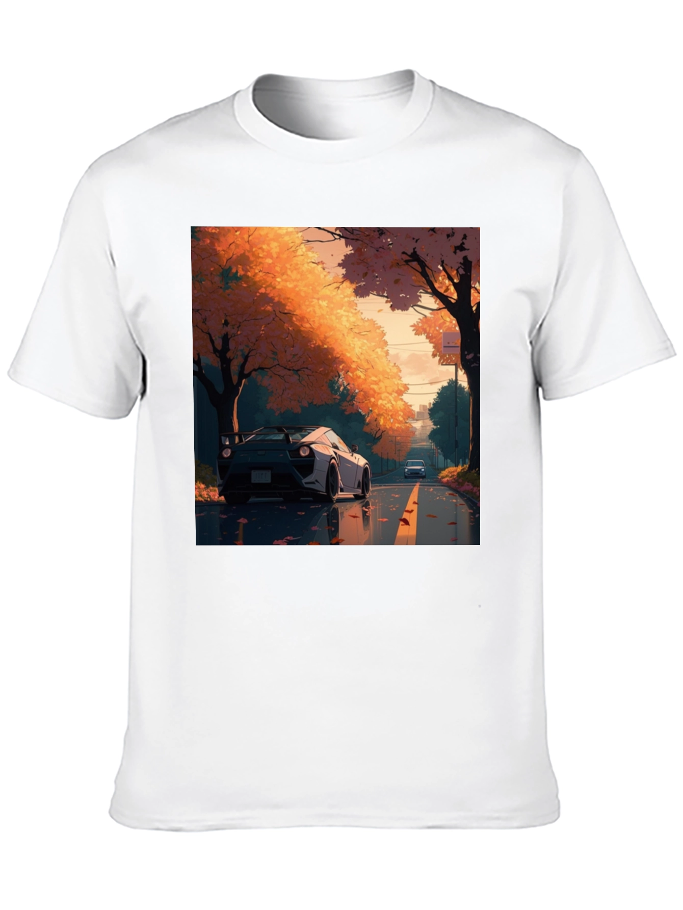 Autumn Road Car Graphic Tee - Stylish Black T-Shirt